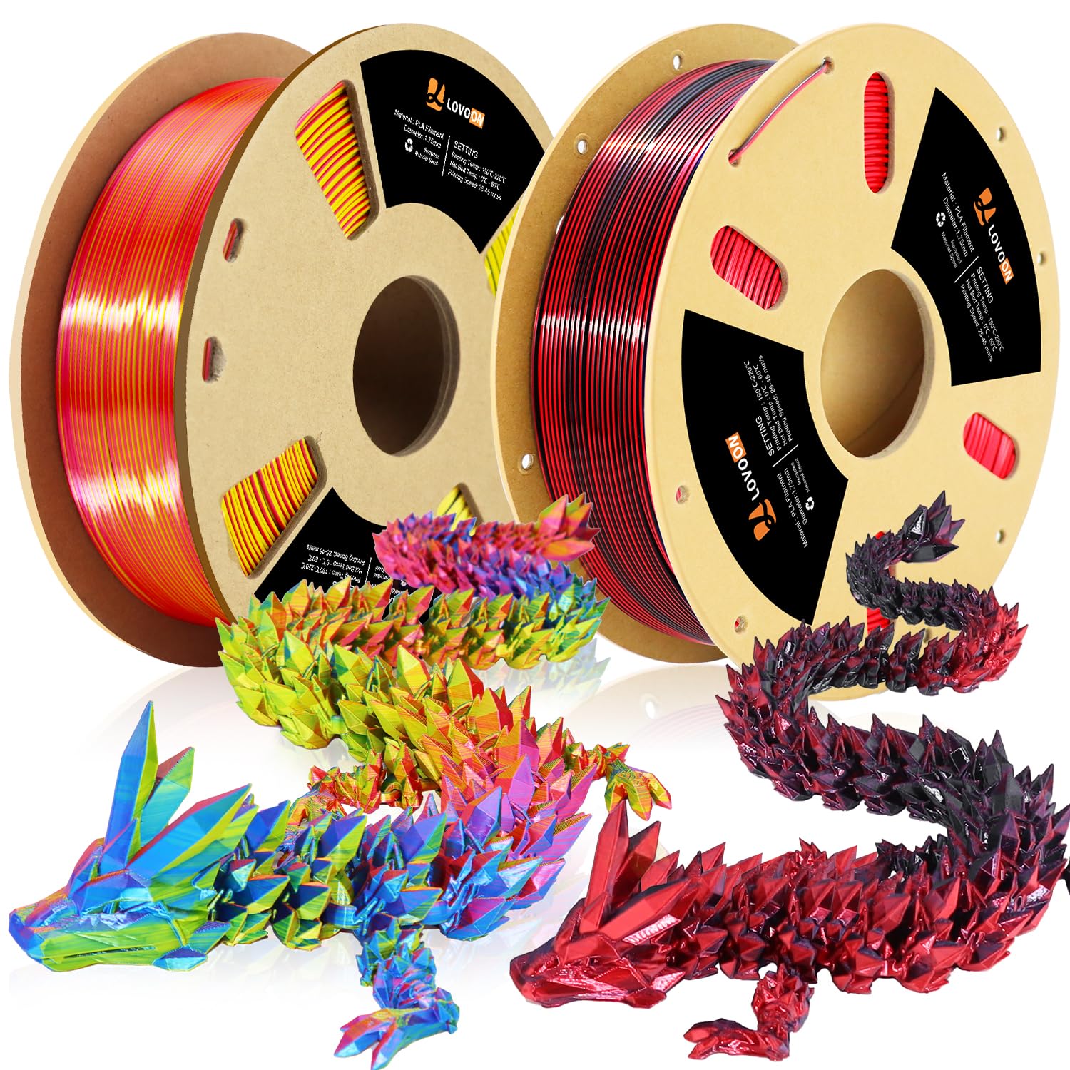 LOVOON Silk PLA 3D Printer Filament Bundle 2 KG, PLA Filament 1.75mm, Shiny Silk Blue/Yellow/Red and Silk Black/Red, Color Chang