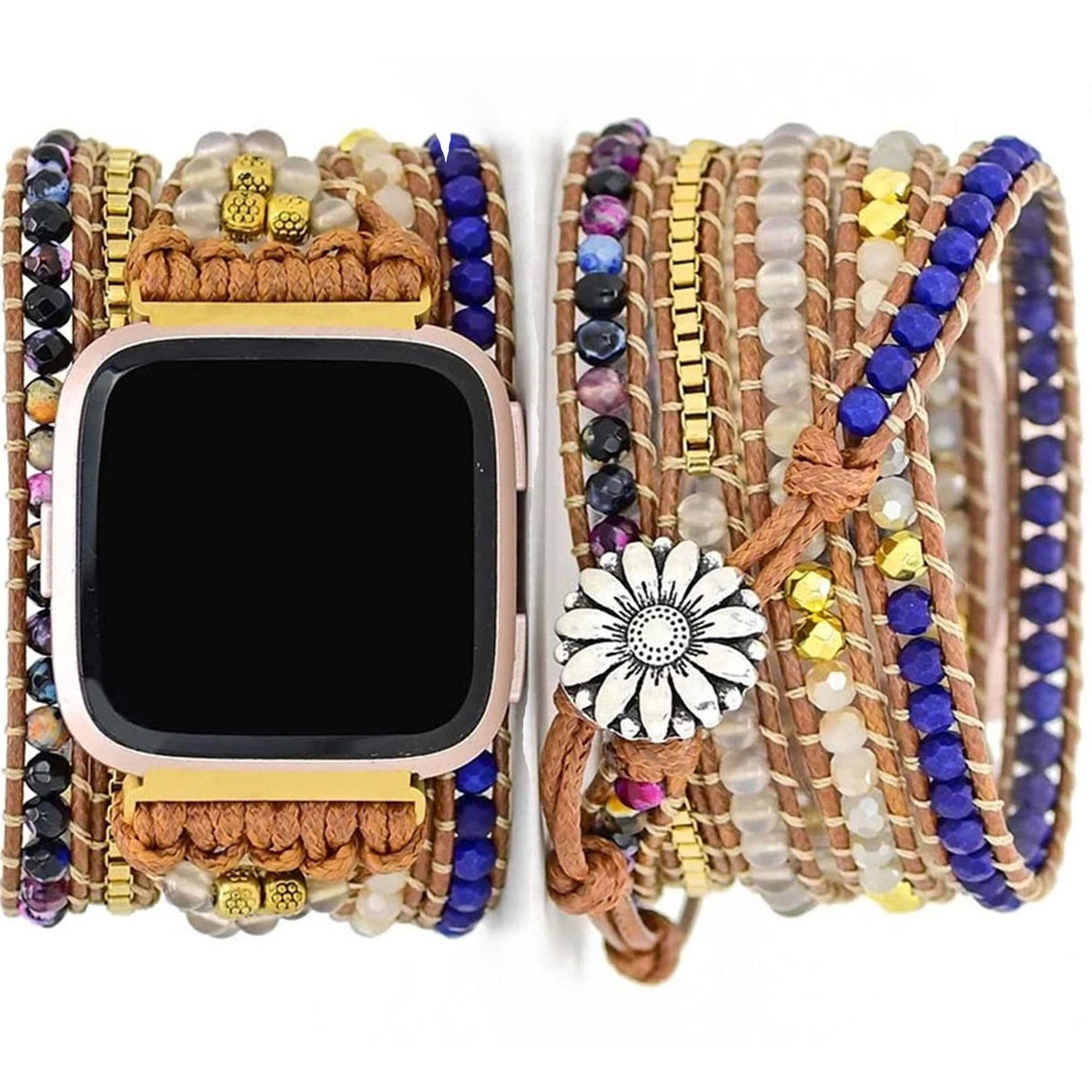 Somesame Compatible With Fitbit Versa/Versa 2/Versa Lite/Versa Se Bands Boho Beads Bracelets,Multilayer 3 Wraps Chakra Leather Handmade Braided Natural Stone Beaded Watch Strap For Women Men