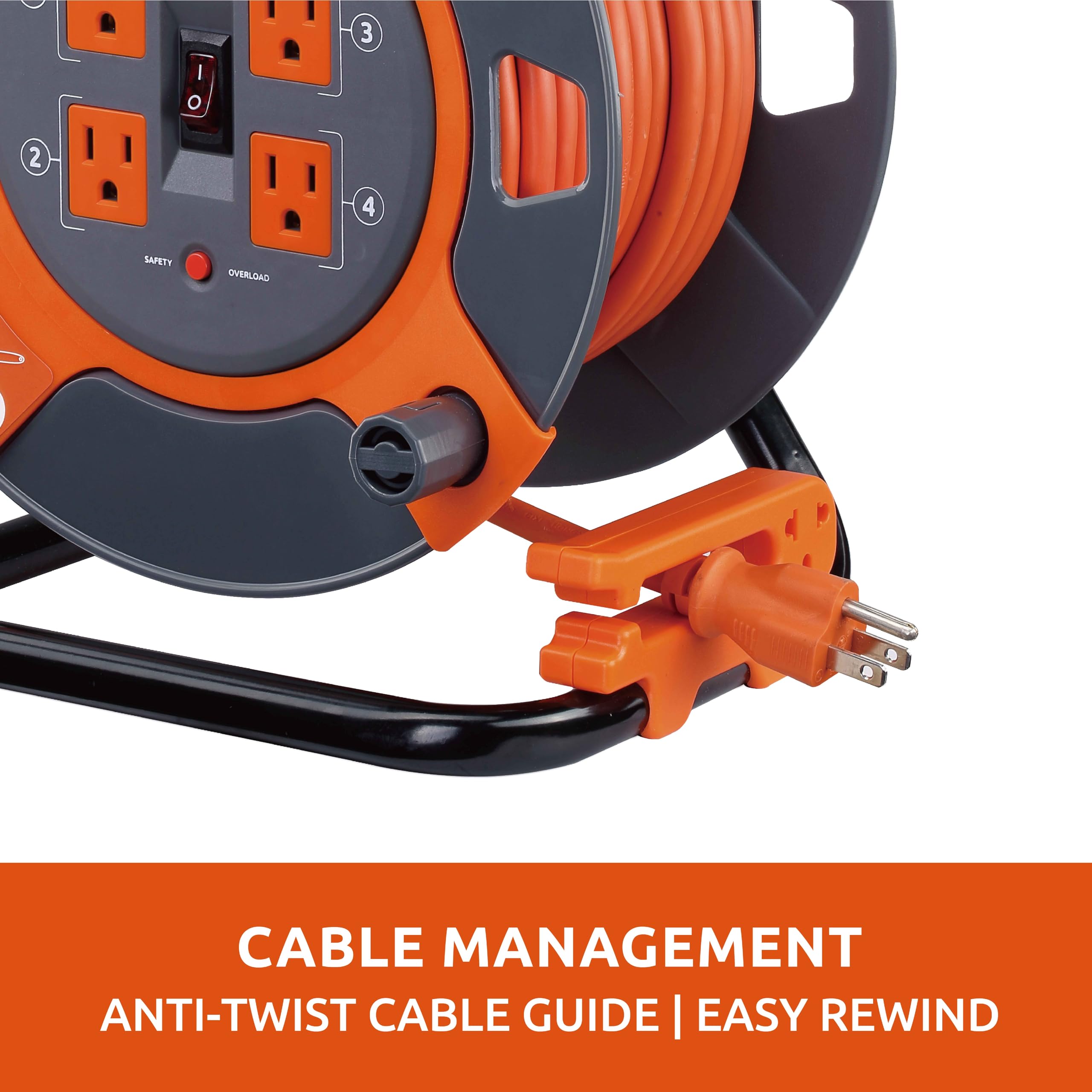 Link2Home Cord Reel 80 Ft. Extension Cord 4 Power Outlets   14 Awg Sjtw Cable. Heavy Duty High Visibility Power Cord.