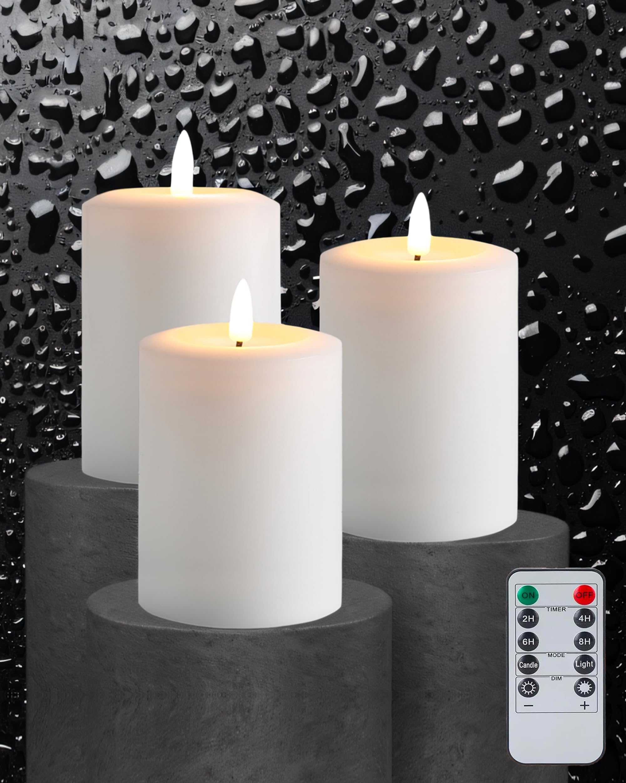 Gmnee 3''X4'' Flickering Flameless Candles With Remote Timer, 3'' Diameter White Pillar, Real Wax, Set Of 3 Large Led Battery Op