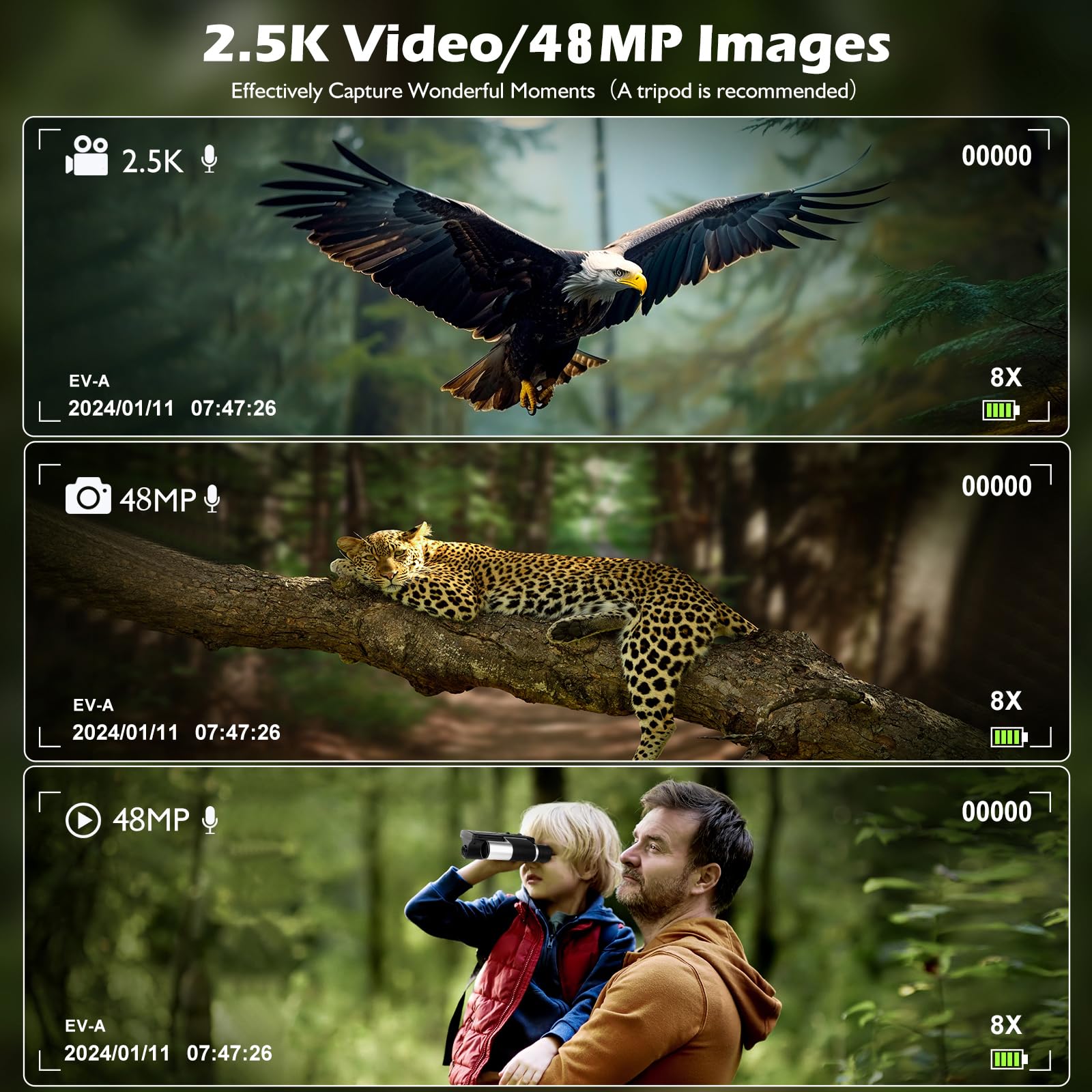 Binoculars Camera For Adults, 2.4'' Screen 12X Digital Zoom 48Mp Pictures 2.5K Videos Camera, Binoculars For Bird Watching Hunti