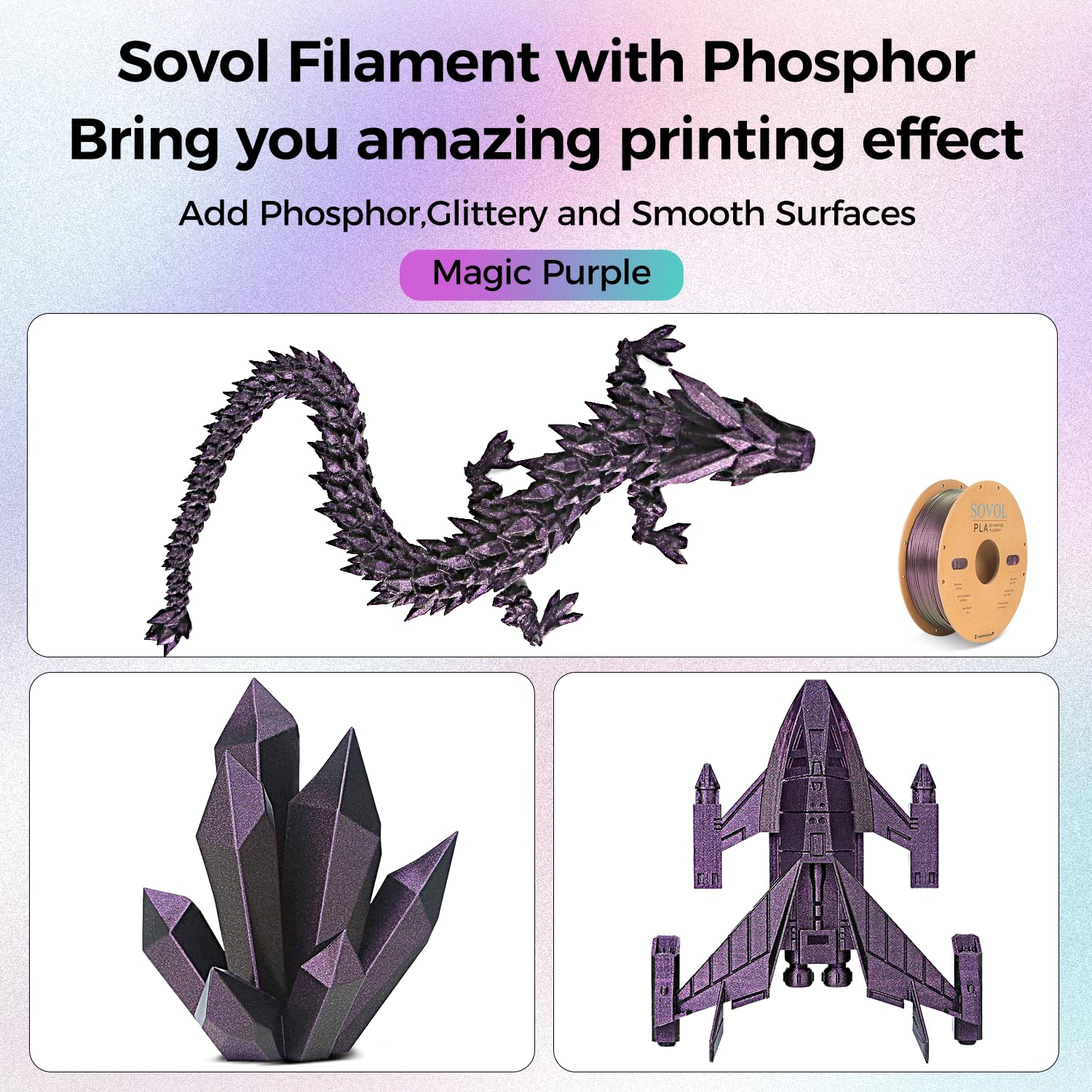 Sovol Silk Pla Filament With Purple Glitter 1Kg 1.75Mm, Color Changeable 3D Printer Filament 2.2Lbs, Chameleon Shiny Pla Materia