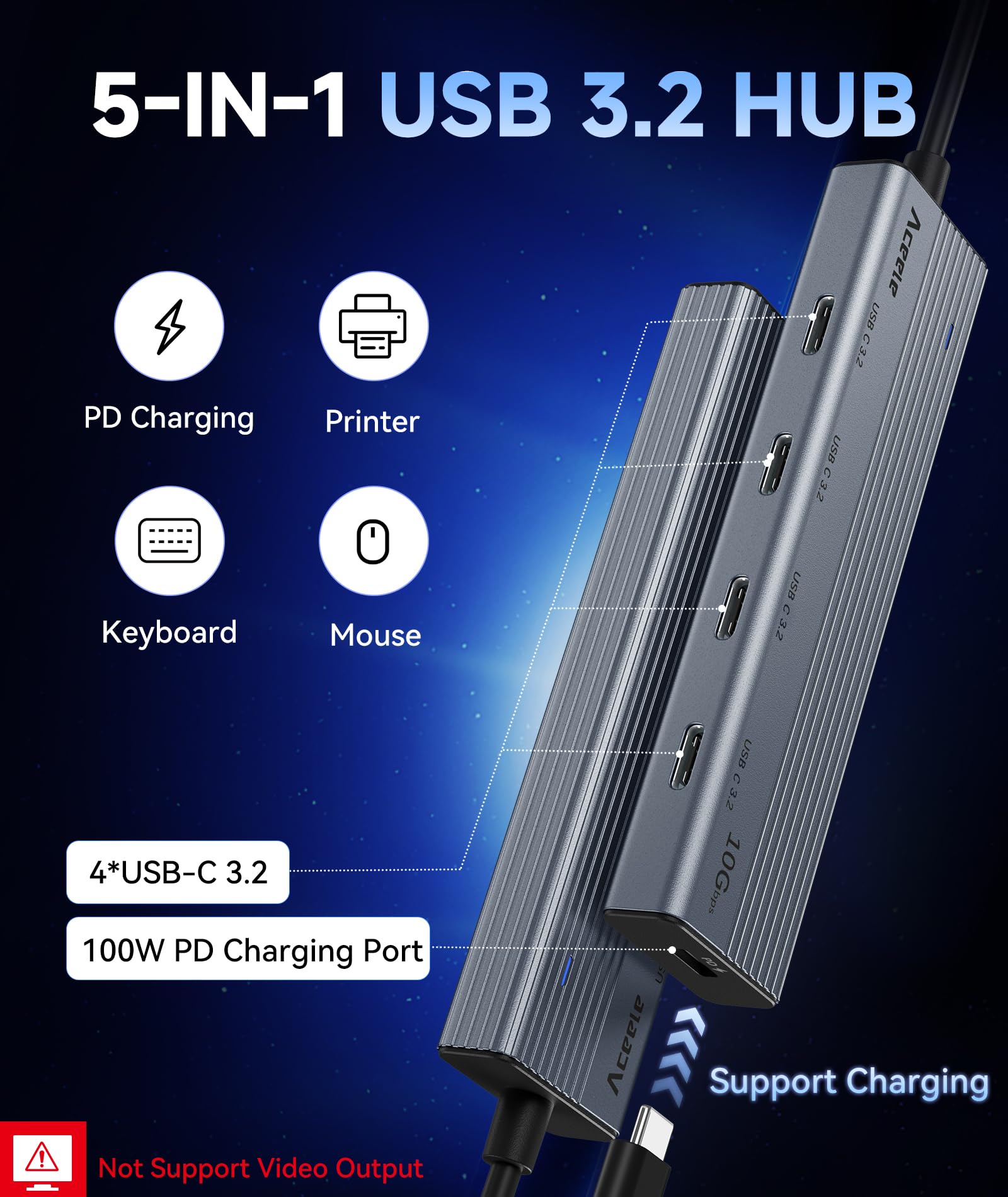 Aceele Usb C Hub 10Gbps, Usb 3.2 Gen 2 Hub With 4 Usb-C 3.2 Ports, 100W Power Delivery, 2Ft Cable High Speed Usb-C Multiport Spl
