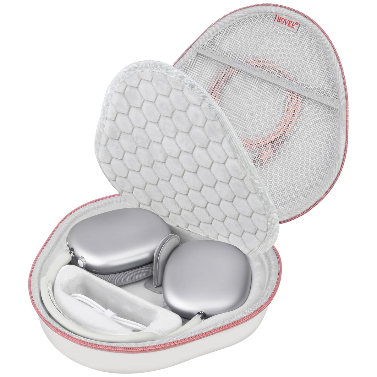 BOVKE Hard Carrying Case with Sleep Mode for Apple AirPods Max Wireless Over-Ear Headphones, AirPods Max Protective Portable Storage Bag with Mesh Pocket for Headphone Accessories, White Rosegold