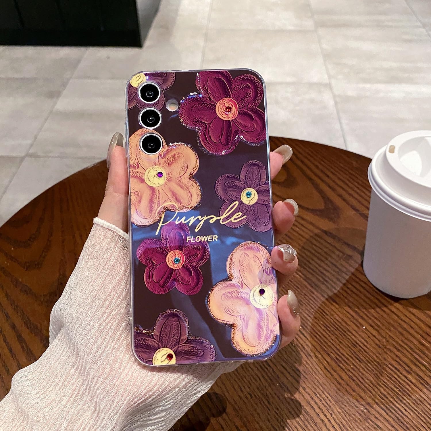 Leleyun Case For Samsung Galaxy S24, Retro Oil Painting Printed Flower Cute Pattern With Glitter Gem Phone Cover Durable Tpu Sho