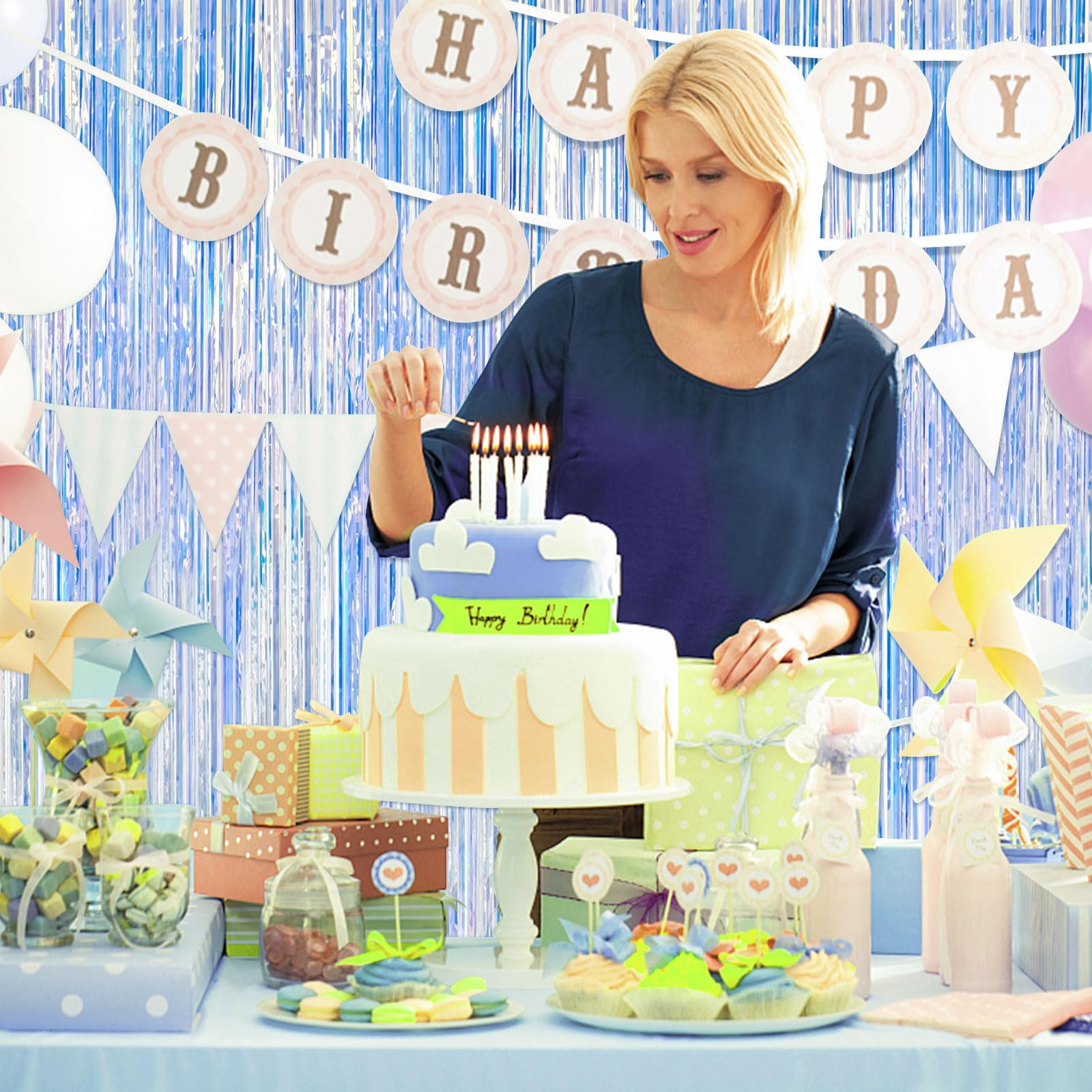 2 Pack Iridescent Party Backdrop Decorations Tinsel Curtain Birthday Decorations Foil Fringe Photo Booth Streamer Backdrop Iride