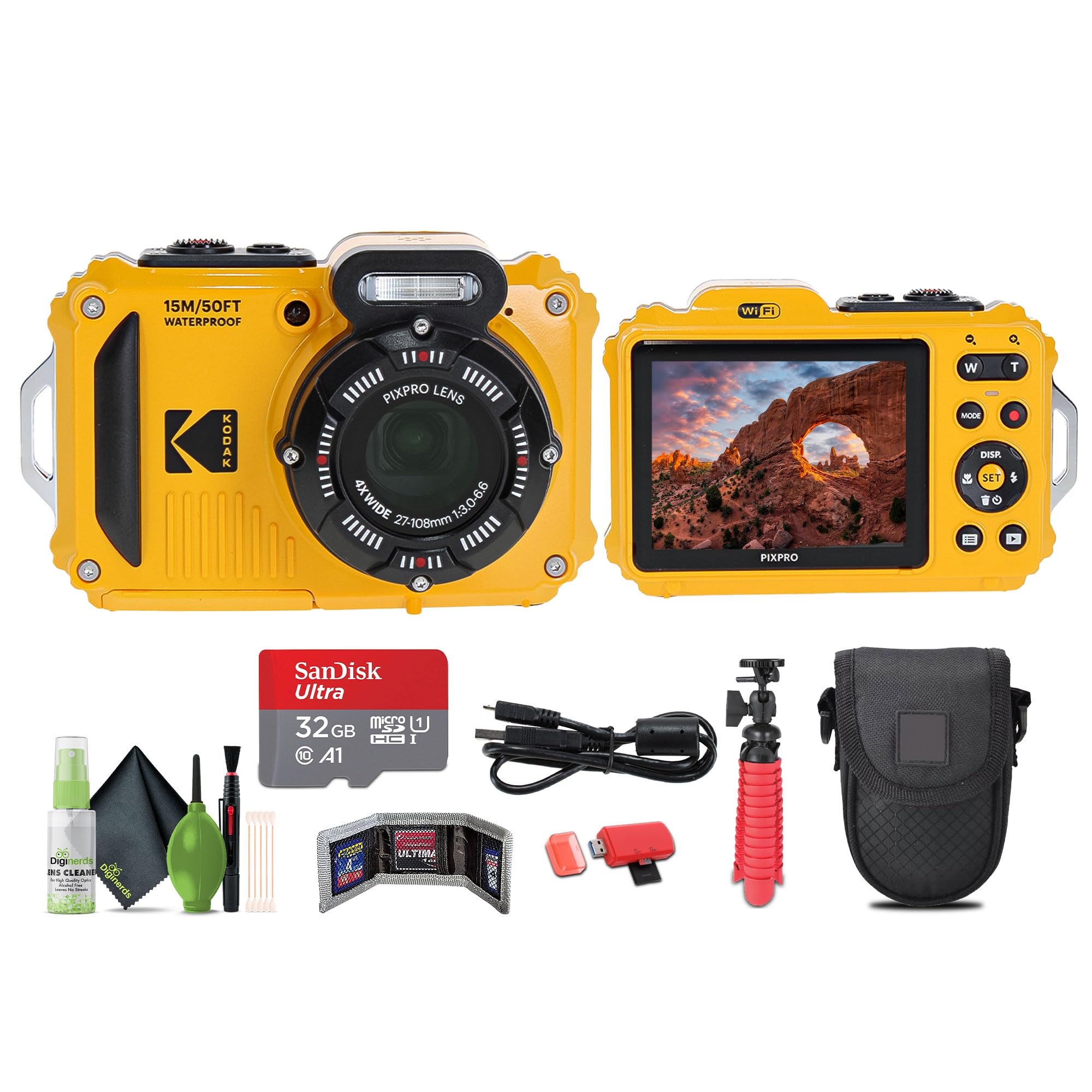 KODAK PIXPRO WPZ2 Rugged Waterproof Shockproof Dustproof WiFi Digital Vlogging Camera 16MP (Yellow) Bundle with 32GB Memory Card