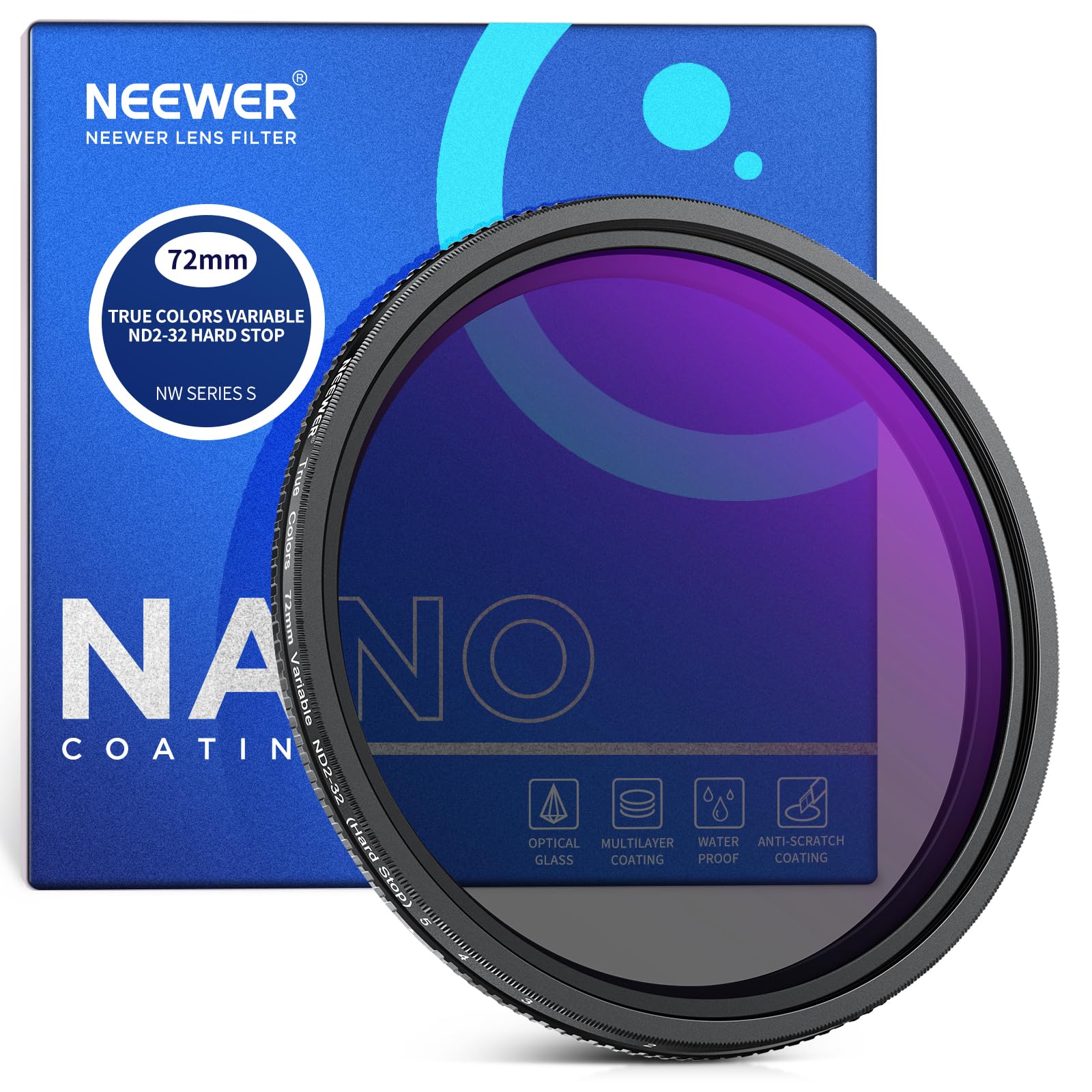 Neewer 72Mm True Colors Hard Stop Variable Nd Filter Nd2 32 (1 5 Stops) Limited Neutral Density Filter, Multi Coated Hd Optical
