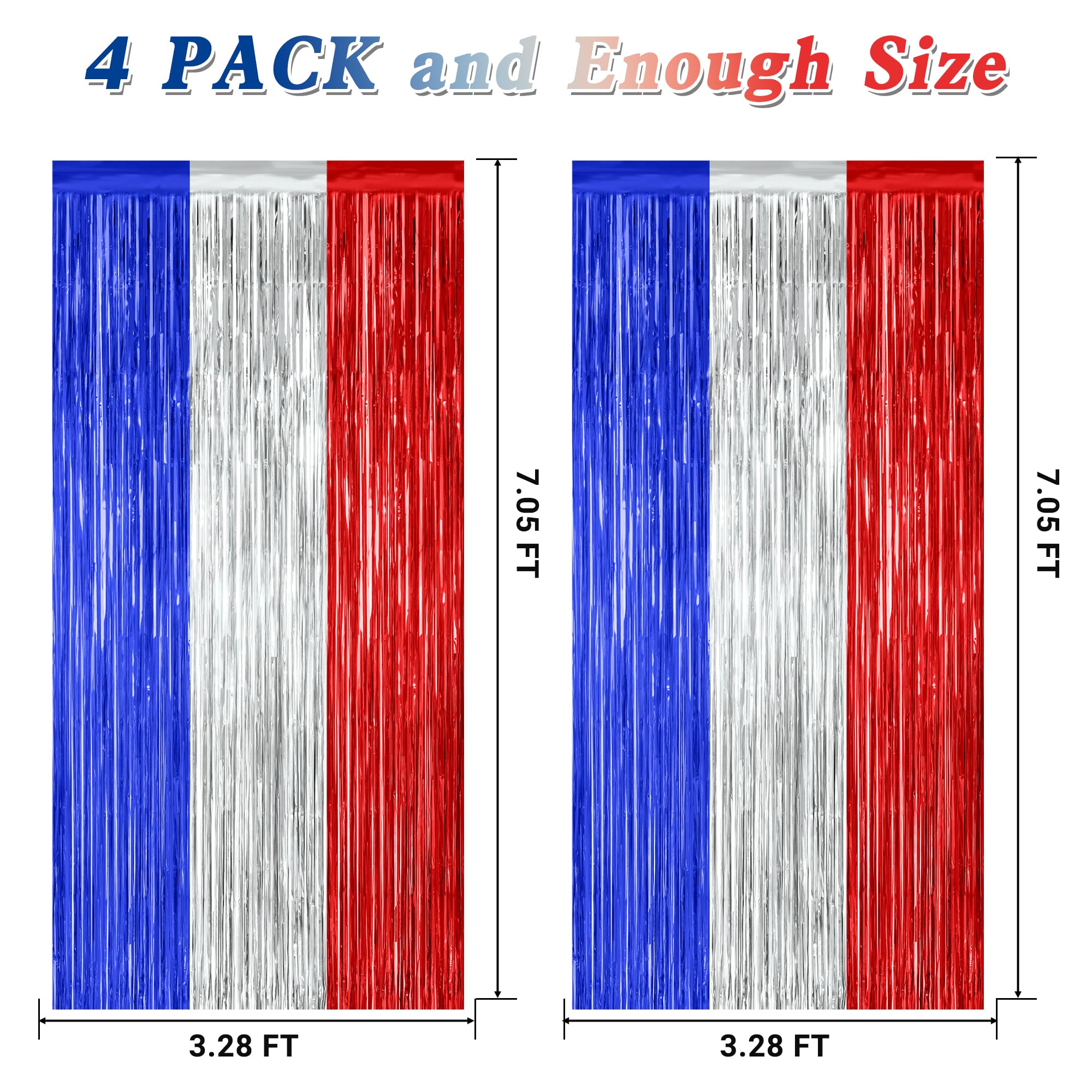 4 Pack 4Th Of July Decorations, 3.28 Ft X 7.05 Ft Independence Photo Backdrop, Metallic Blue Silver Red Backdrop Curtains Fringe