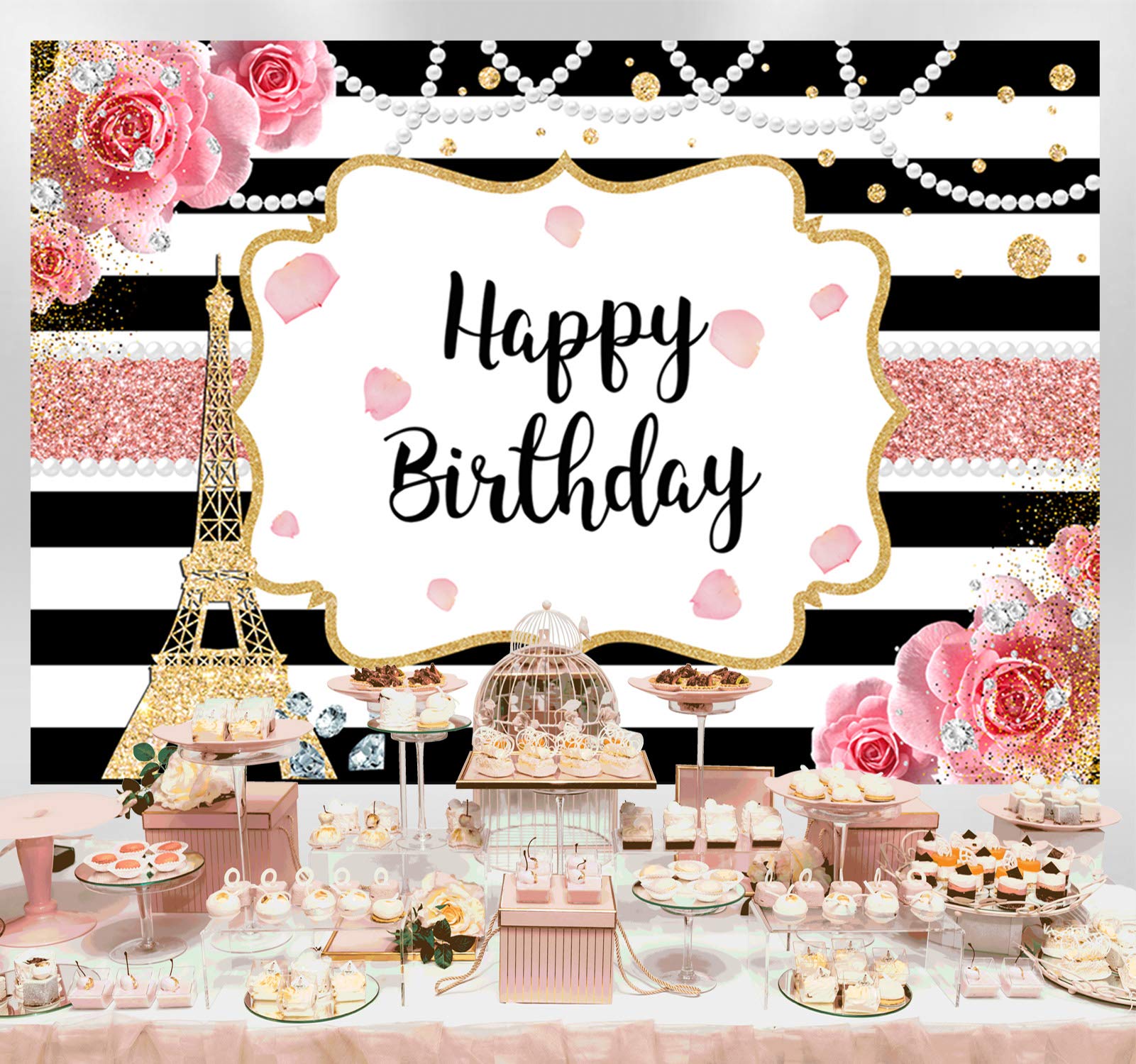 Sensfun Paris Birthday Backdrop Eiffel Tower French Theme Birthday Photo Background 7X5Ft Pink Roses Ooh La La Black White Stripes Floral Happy Birthday Backdrops Decorations