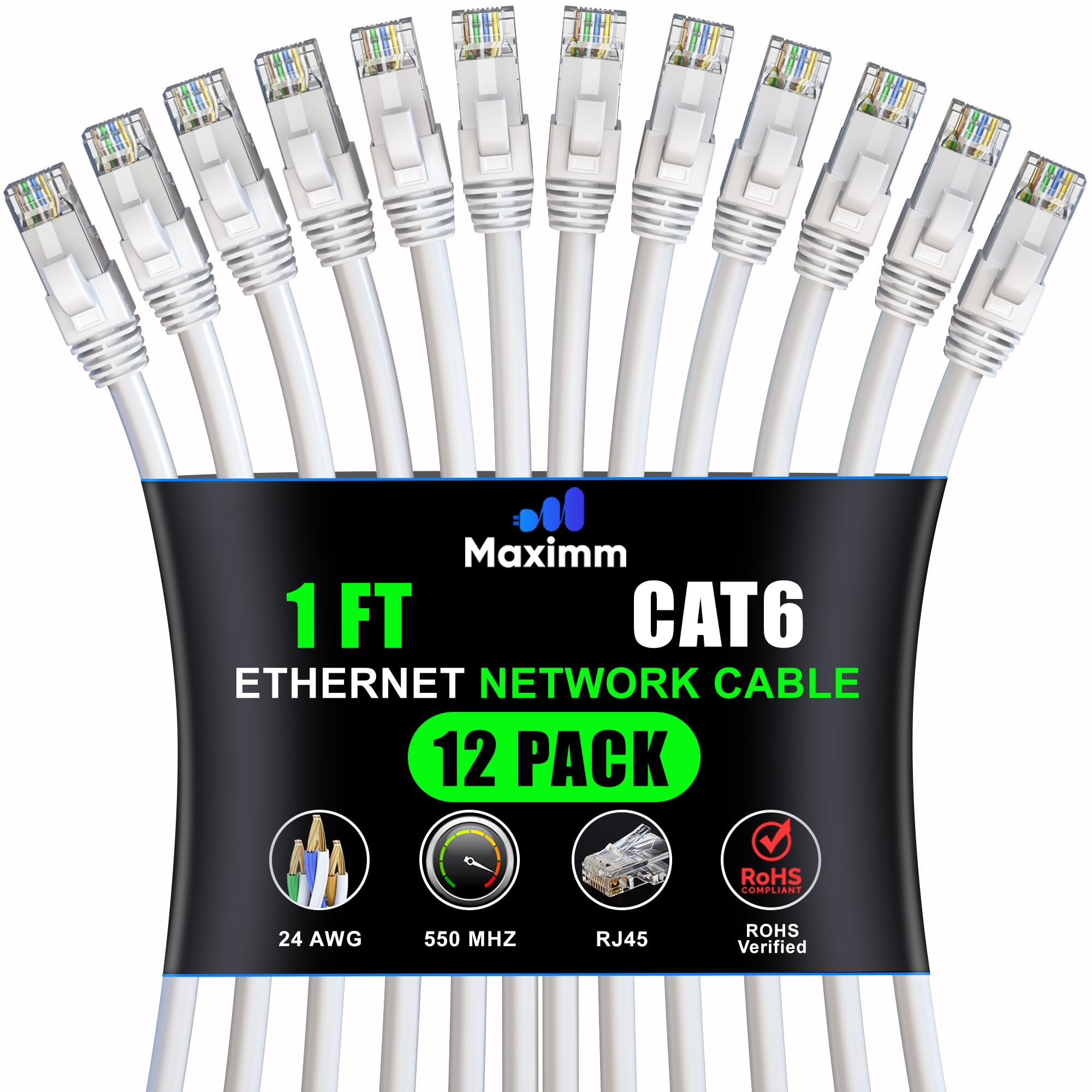 Maximm Cat 6 Ethernet Cable 1 Ft (12 Pack)   High Speed Lan Cable, Internet Cable, Patch Cable, And Network Cable   Utp, 10Gbps, 550Mhz Ethernet Cord   White