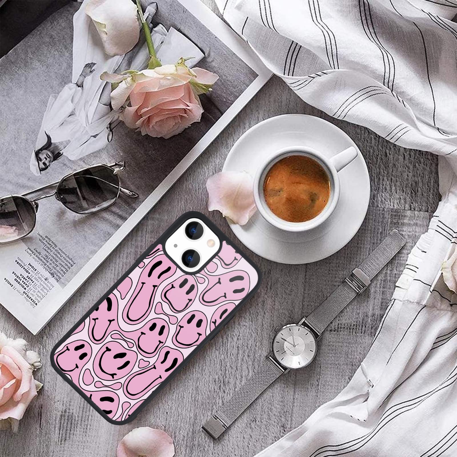 Maycari Compatible With Iphone 13 Pro Case Pink Funny Face, Hard Back Cover With Cute Trippy Pattern Design Soft Tpu Bumper Phon