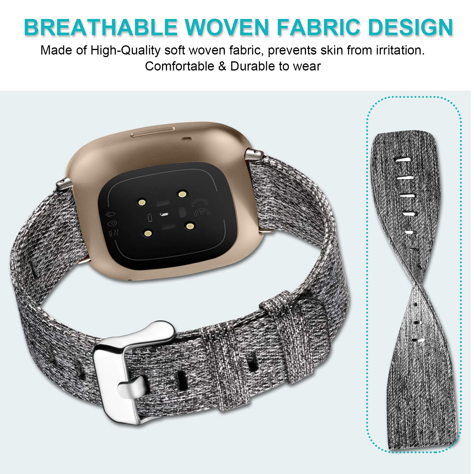 Maledan 2-Pack Bands Compatible With Fitbit Sense And Versa 3 For Women Men, Breathable Woven Fabric Strap Adjustable Replacemen
