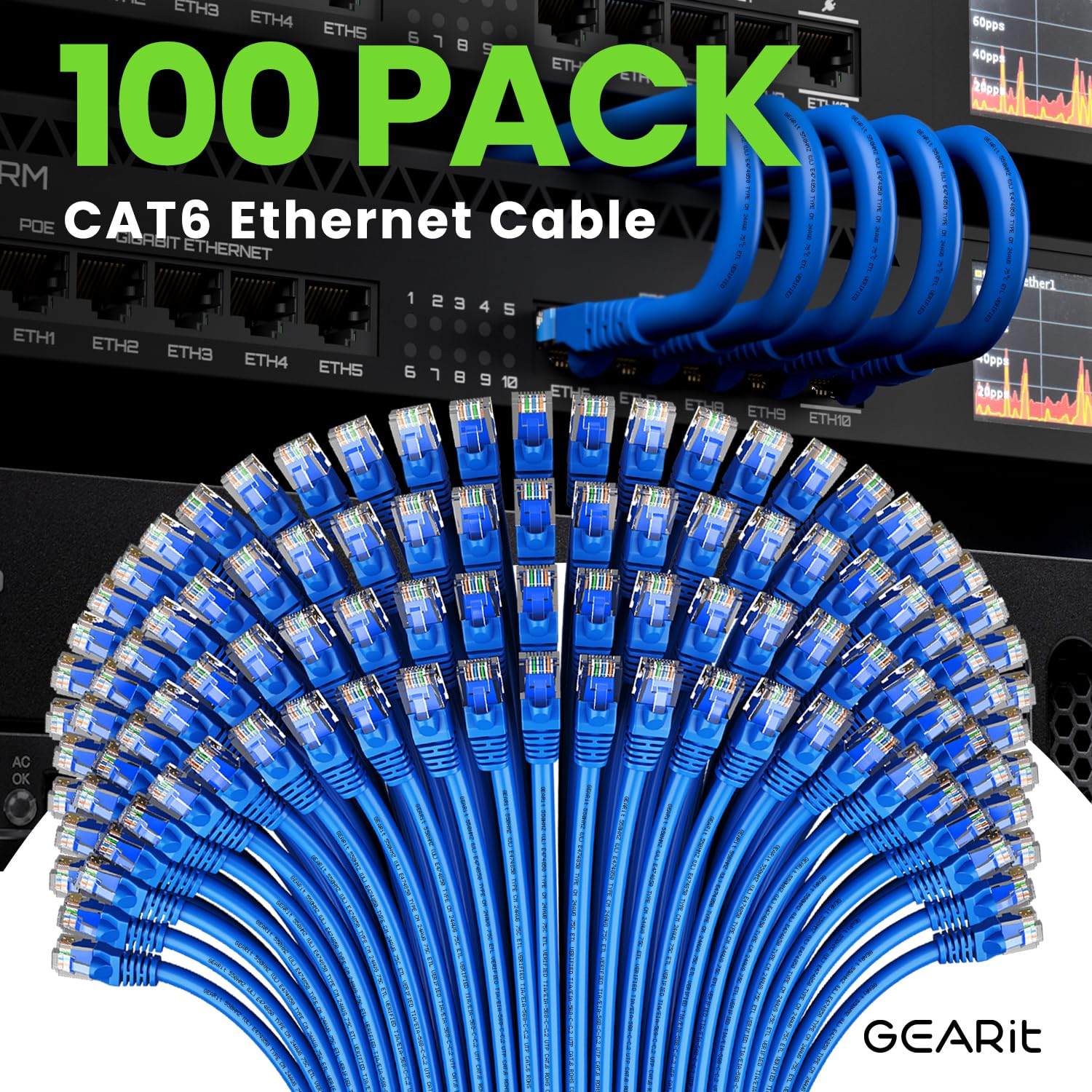 Gearit 100 Pack, Cat 6 Ethernet Cable Cat6 Snagless Patch 2 Feet   Snagless Rj45 Computer Lan Network Cord, Blue   Compatible Wi