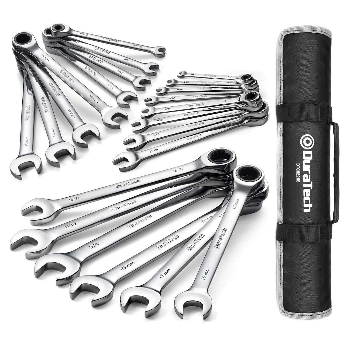 Duratech Ratcheting Combination Wrench Set, Sae  Metric, 22-Piece, 14 To 34  6-18Mm, Cr-V Steel, With Carrying Bag
