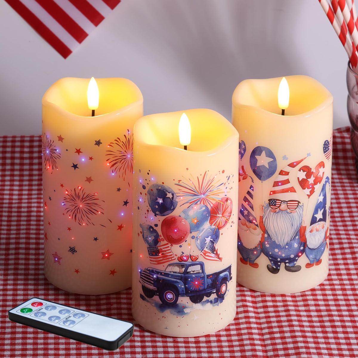 Eywamage Patriotic Fiber Optic Flameless Candles With Remote, Battery Operated Led Pillar Candles Set Of 3