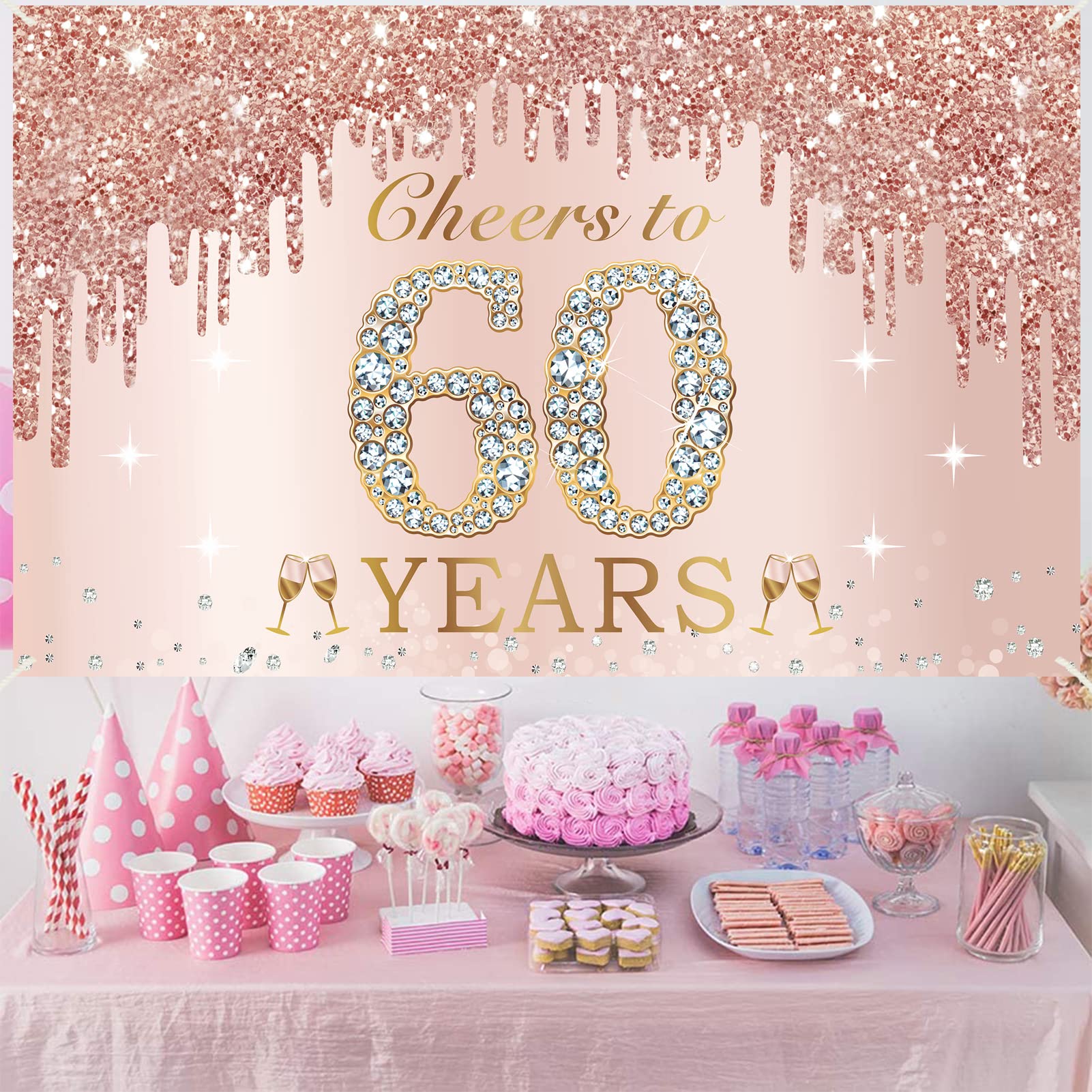 Large Cheers To 60 Years Birthday Decorations For Women, Pink Rose Gold Happy 60Th Birthday Banner Backdrop Party Supplies, Sixt