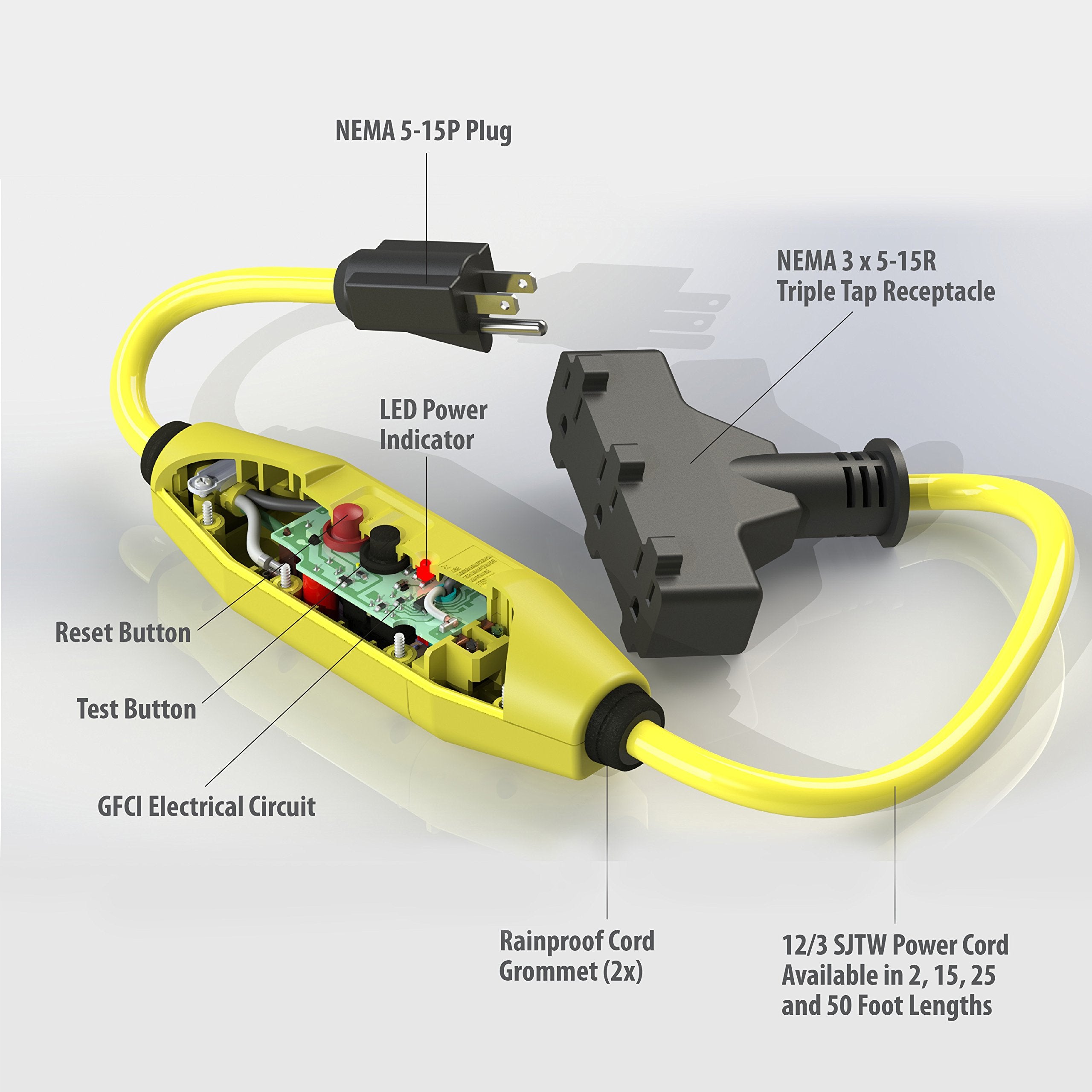 Tower Manufacturing 30438024 Auto Reset 15 Amp Inline Gfci Triple Tap Cord, 2 Feet, Yellow