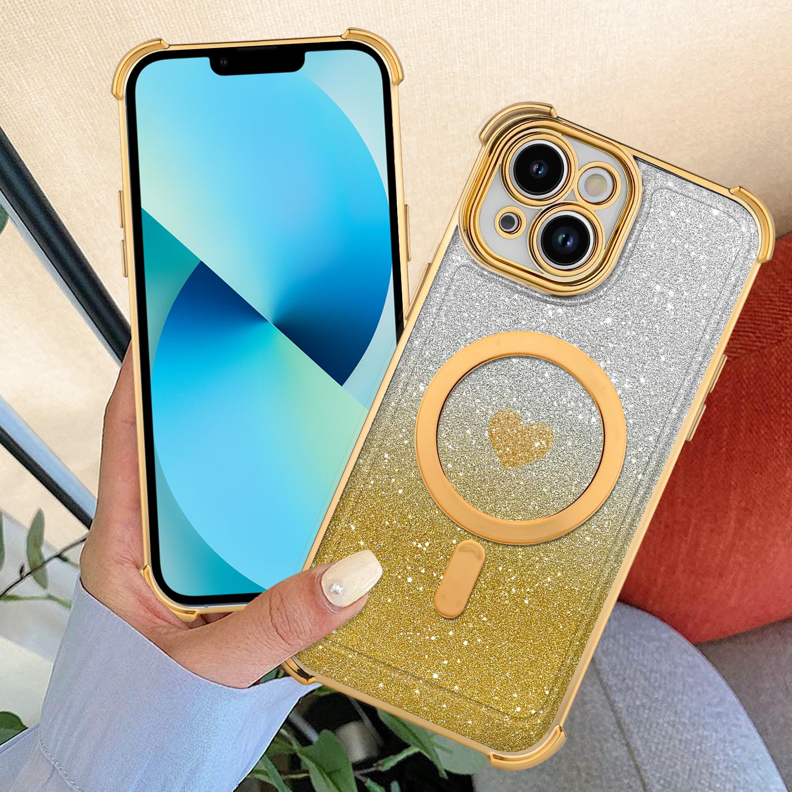 Tharlet Magnetic For Iphone 13 Case [Compatible With Magsafe] Glitter Cute Love Luxury Plating Plating Bling Clear Phone Case Wi
