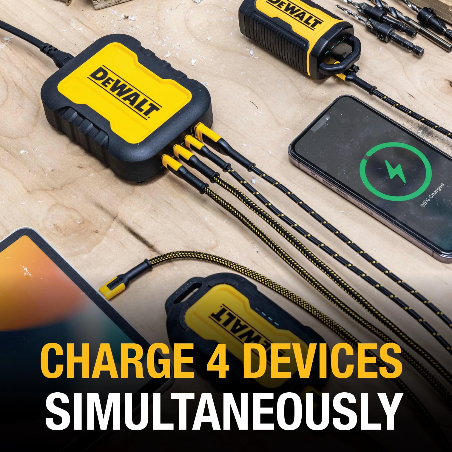 Dewalt 4 Port Usb Charger Block, 100W Usb C Charger Intelligent Power Sharing, 6Ft Power Cord   Charge 4 Devices Simultaneously