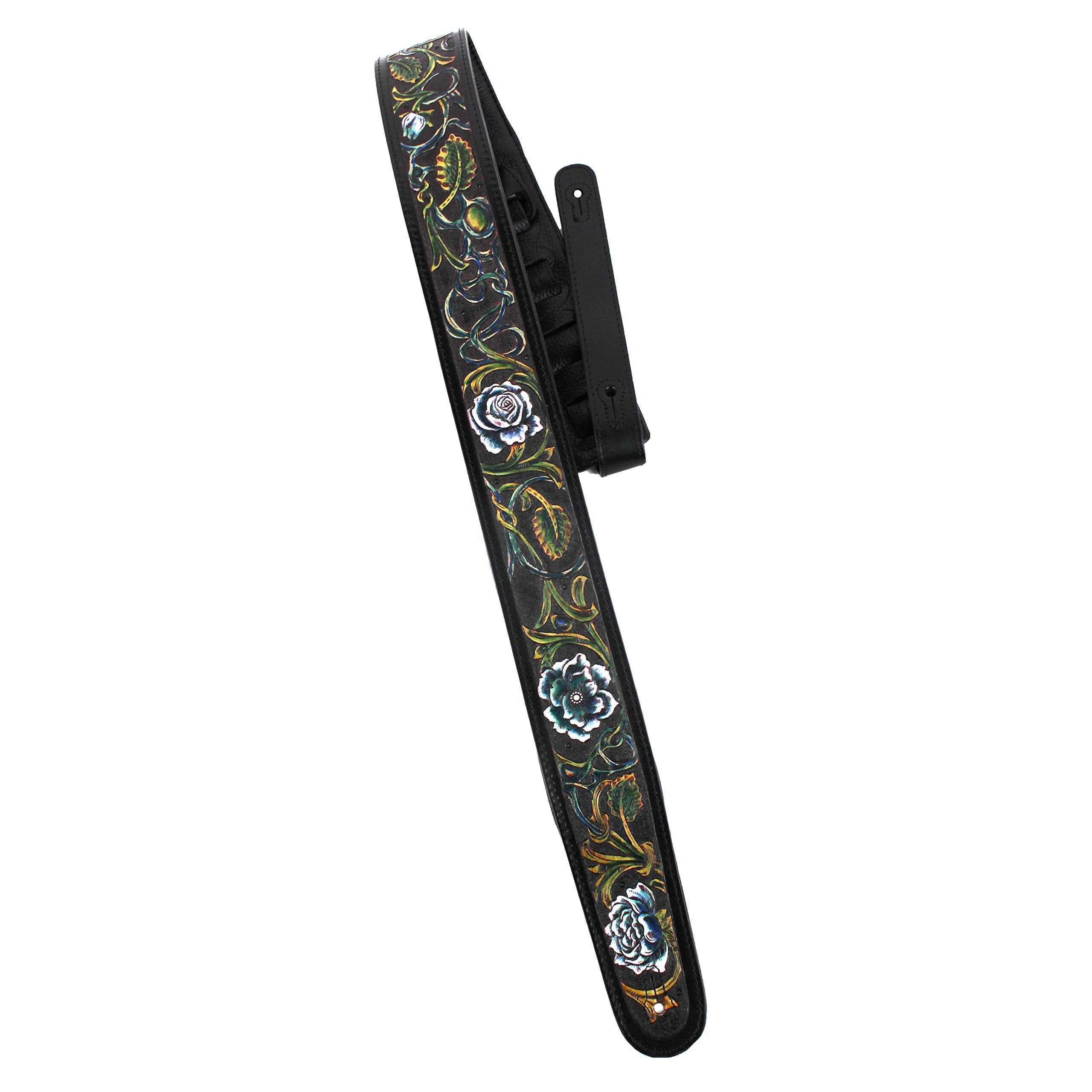 Walker And Williams Lhr 13 Handmade Black Premium Carved Leather Guitar Strap With Prussian Blue And White Western Floral Carvin