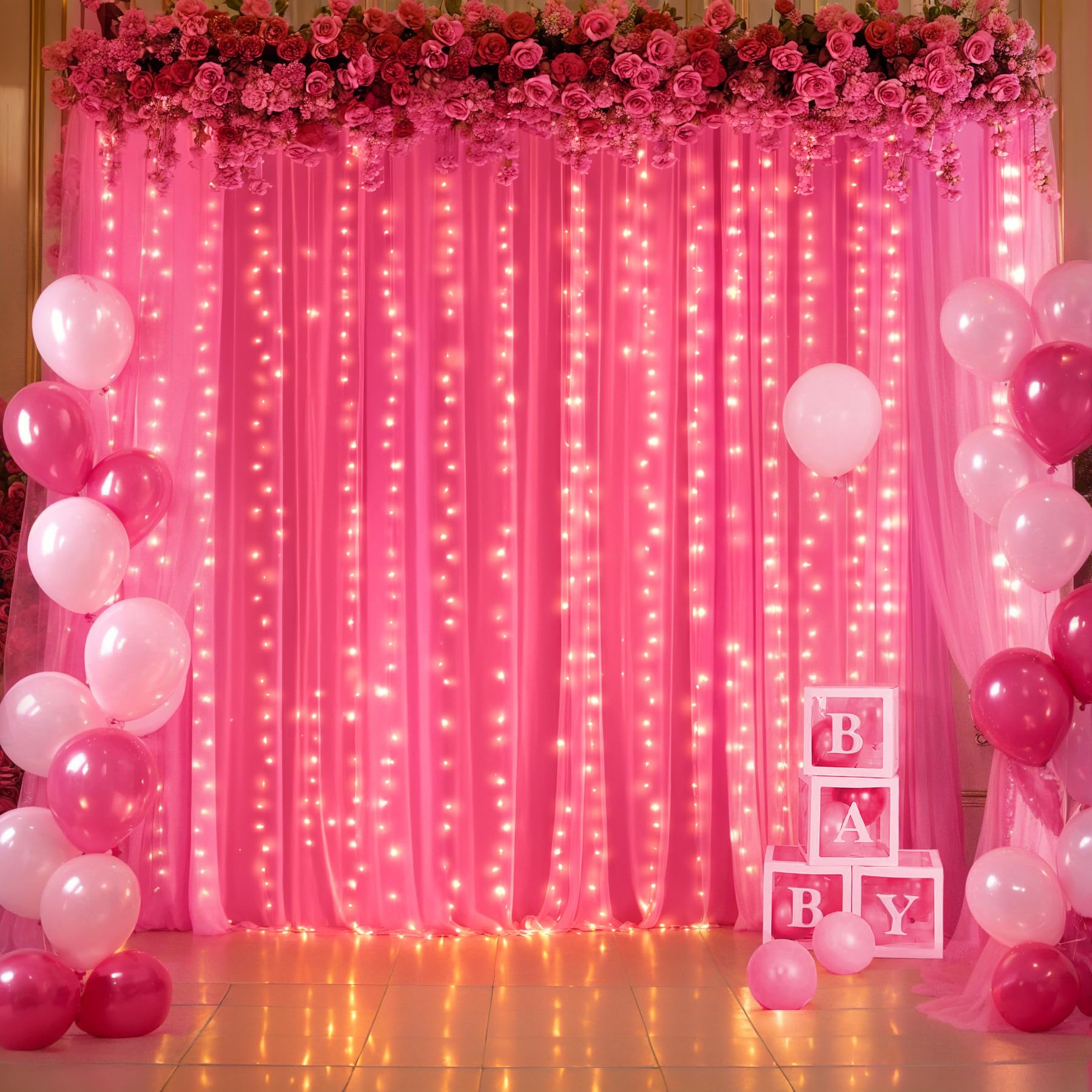 Hot Pink Tulle Backdrop Curtain With Lights For Parties 10X8Ft Fuchsia Sheer Backdrop Curtains For Weddings Birthday Baby Shower