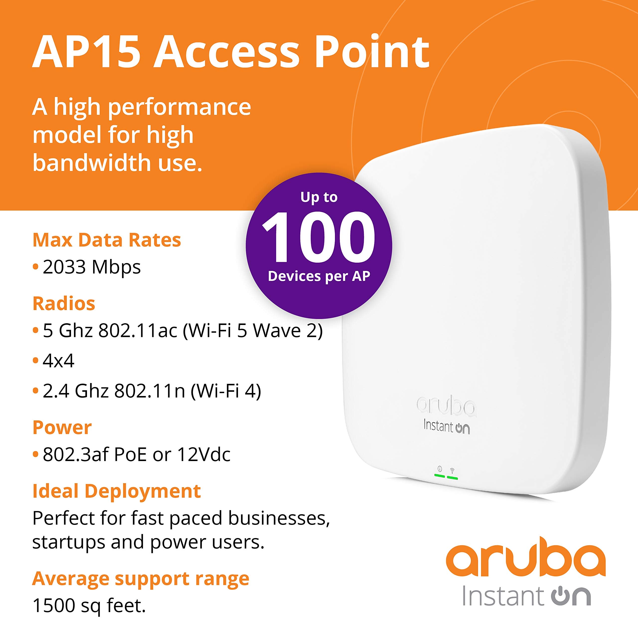 Aruba Instant On Ap15 4X4 Wifi Access Point | Us Model | Power Source Not Included (R2X05A)