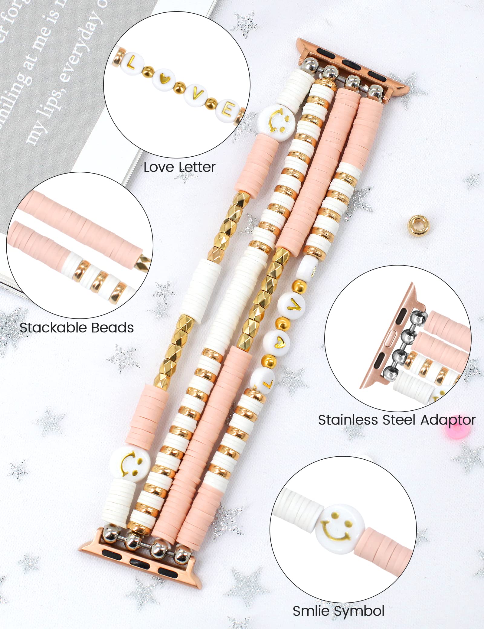 Jr.Dm Beaded Bracelet Compatible With Apple Watch 38Mm 40Mm 41Mm 42Mm 44Mm 45Mm For Women Girls, Cute Stretchy Gold Beads Handma