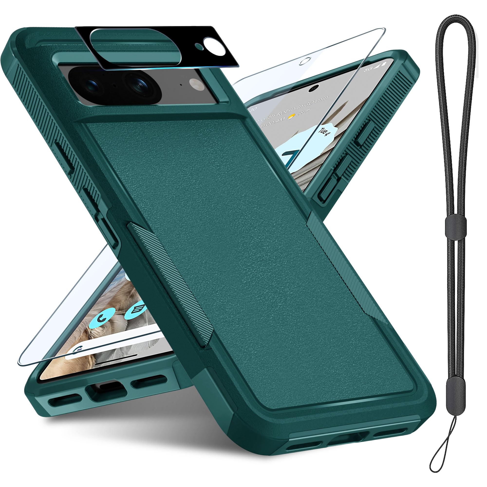 Janmitta For Google Pixel 8 Case With Screen Protector+Camera Lens Protector+Wrist Strap Lanyard,Heavy Duty Shockproof Full Body