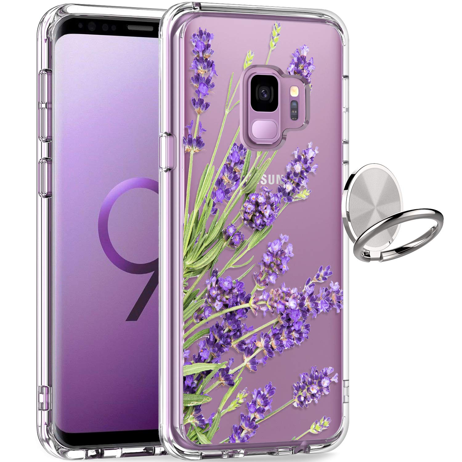 Giika Galaxy S9 Case, Clear Heavy Duty Shockproof Girls Women Protective Phone Cover Case For Samsung Galaxy S9, Purple Flowers