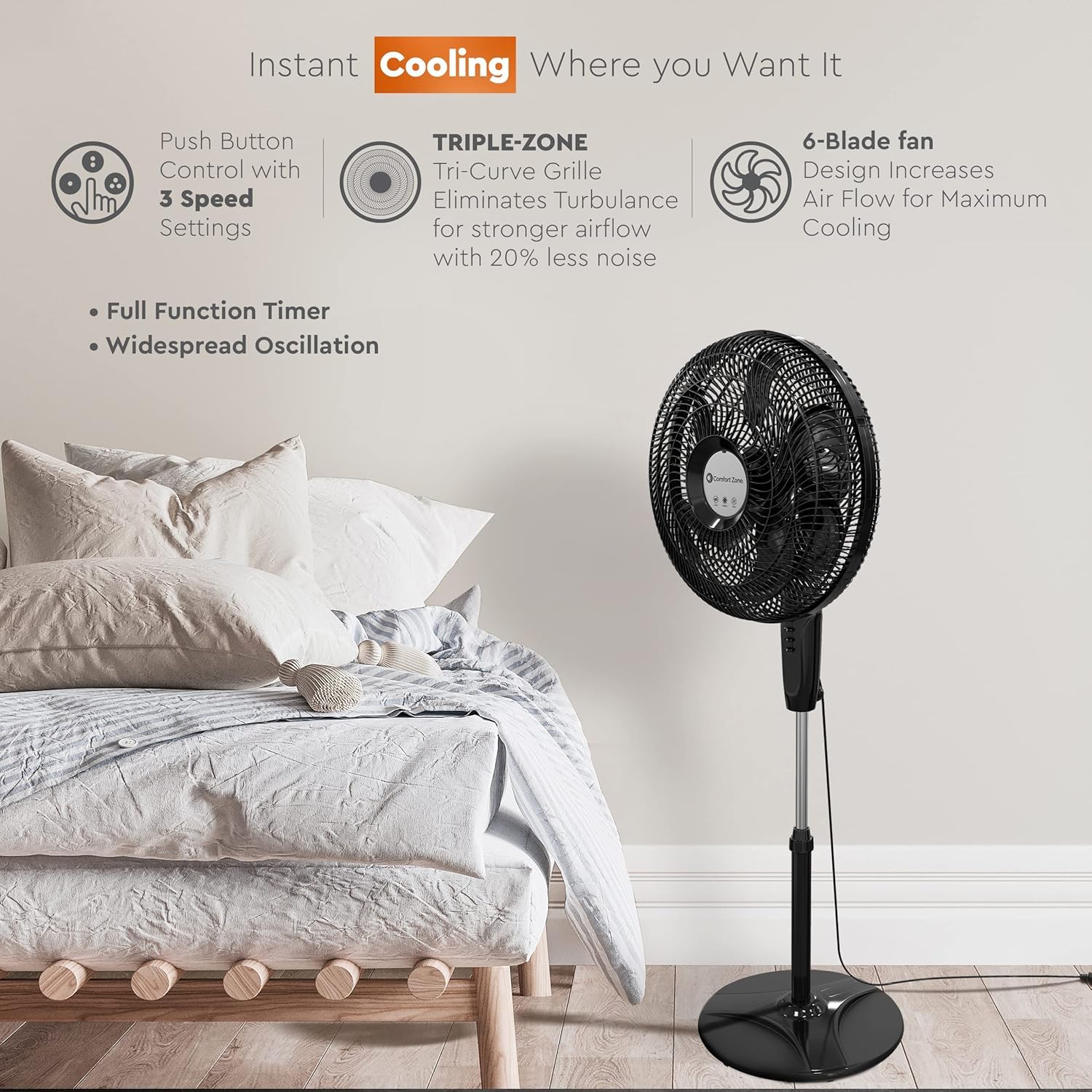 Comfort Zone Powrcurve Oscillating Pedestal Stand Fan, 18 Inch, 6 Blades, Tri-Curve Grill For Reduced Noise, 180 Adjustable Tilt