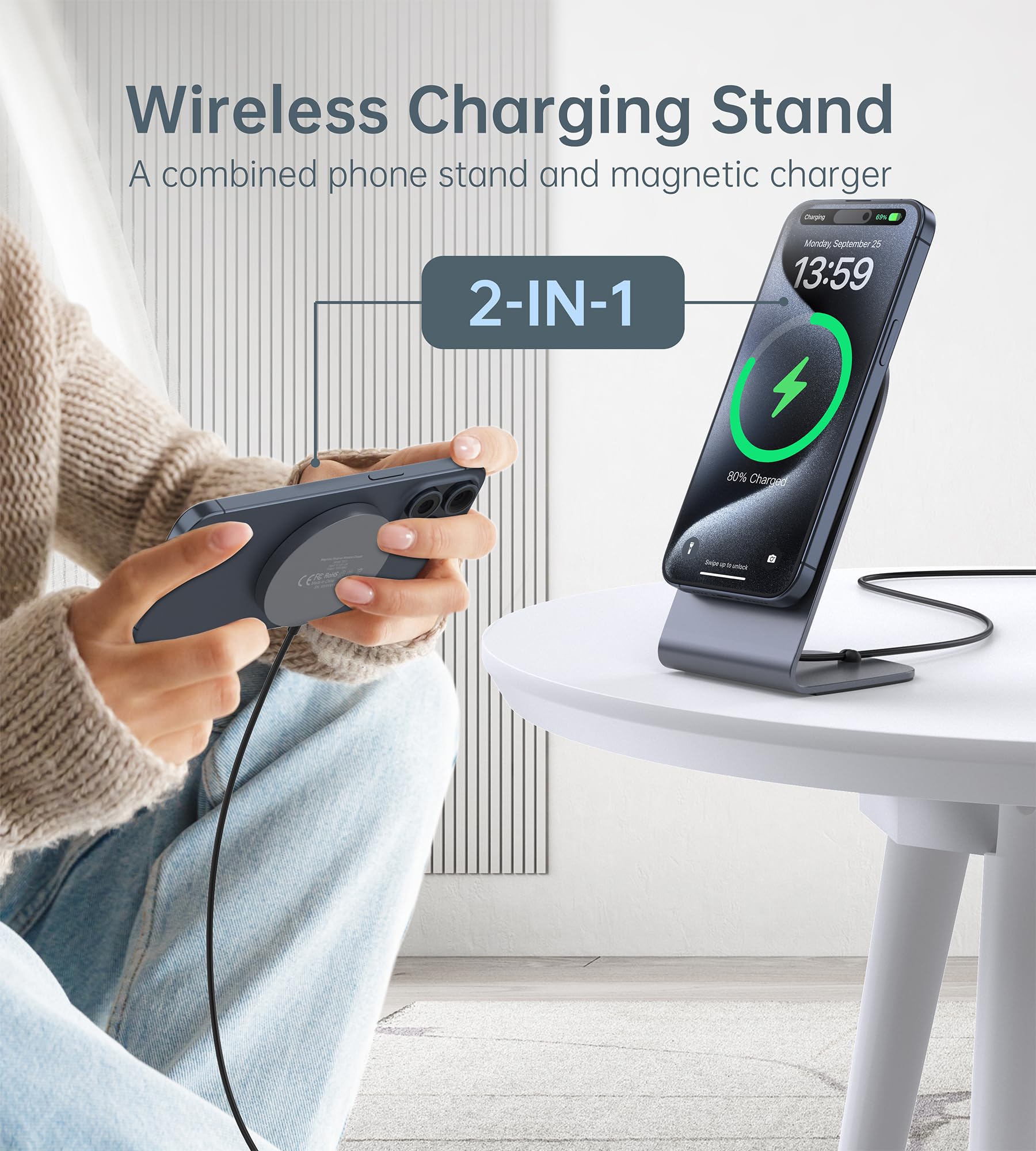 Kabysio Wireless Charger, Mag Safe Charger+20W Usb C Adapter, Fast Wireless Charging Stand/Pad With 5Ft Cable For Iphone 15/14/1