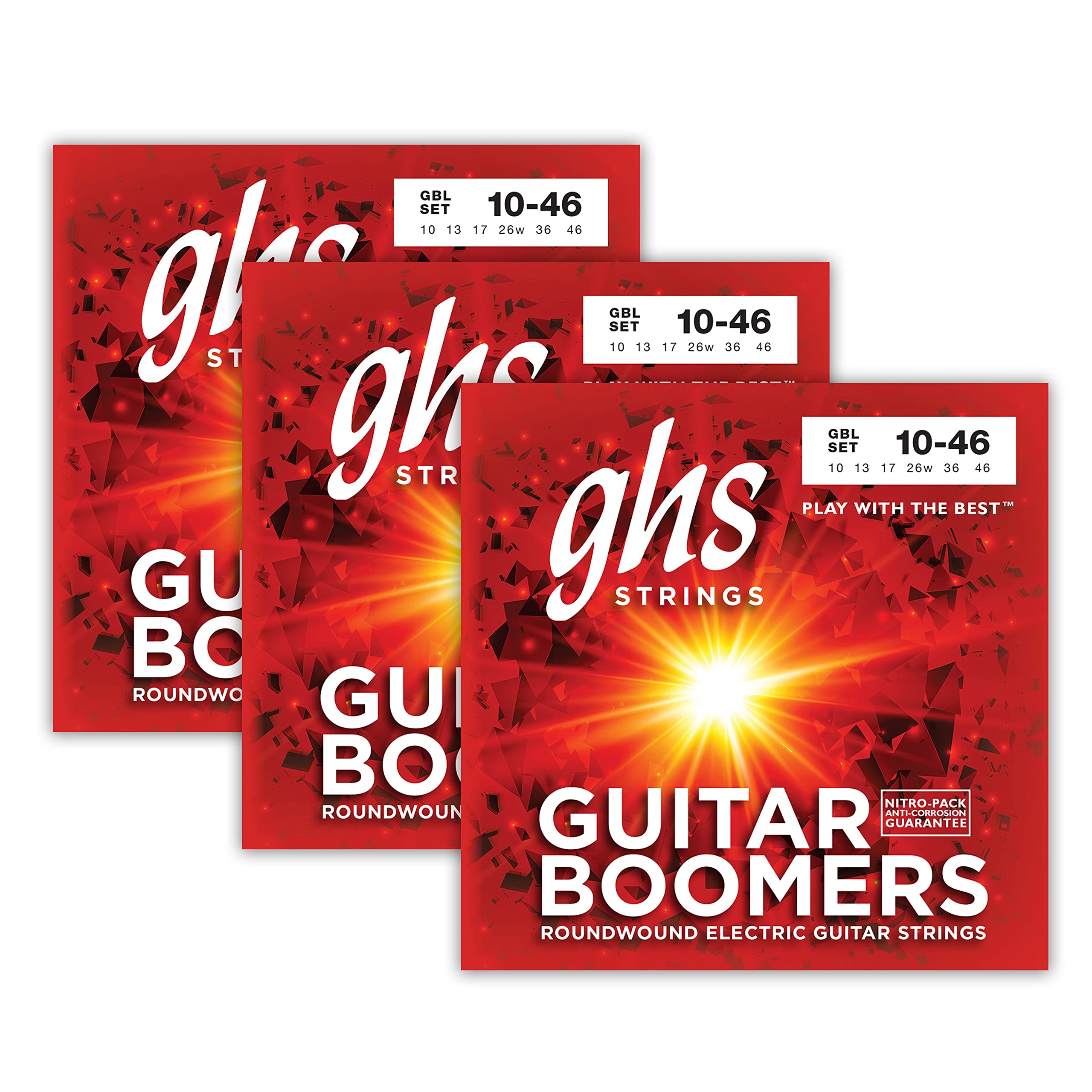 Ghs Strings Gbl Guitar Boomers, Nickel Plated Electric Guitar Strings, Light (10 46), Pack Of 3