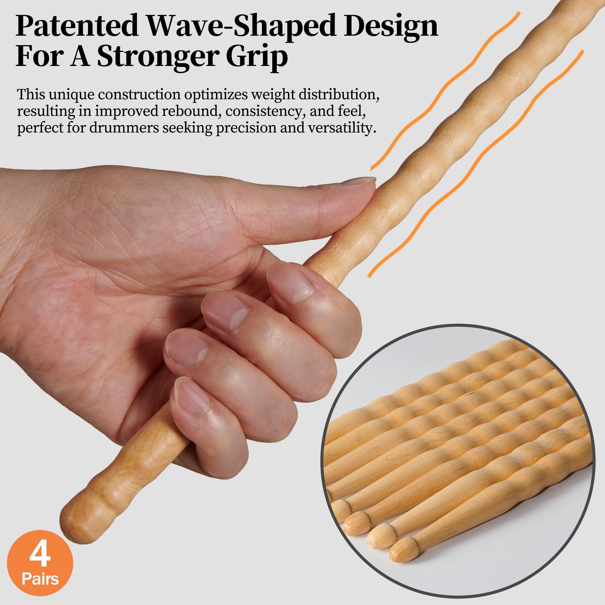 Arlx Drum Sticks 5A 4 Pair Maple Wood Drumsticks Non Slip Wave Design For Drums (4 Pair Wave 5A Drum Sticks)