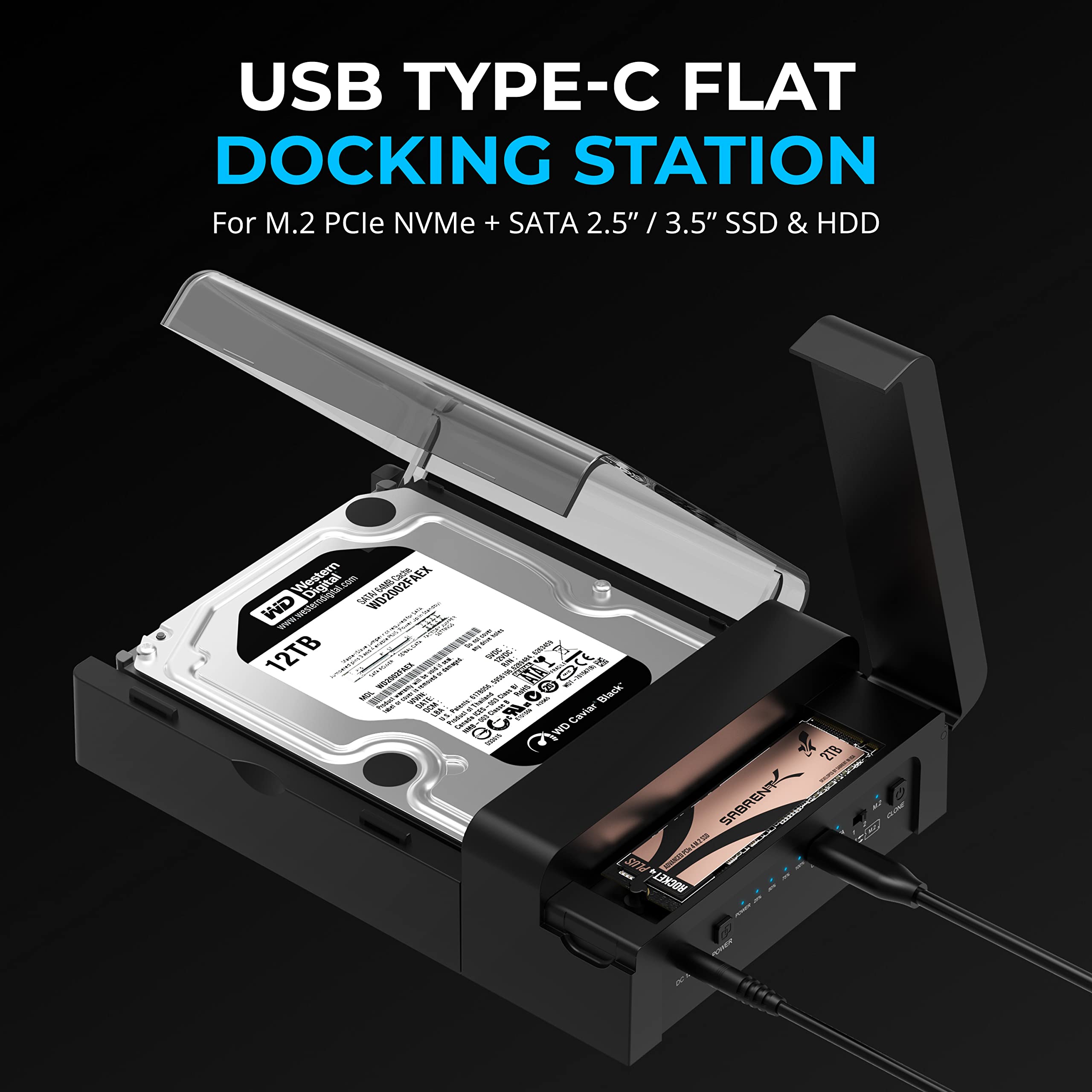 Sabrent Usb Type C Lay Flat Docking Station For M.2 Pcie Nvme + Sata 2.5'''/3.5'' Ssd & Hdd With Offline Clone Function [Ds Ufnc