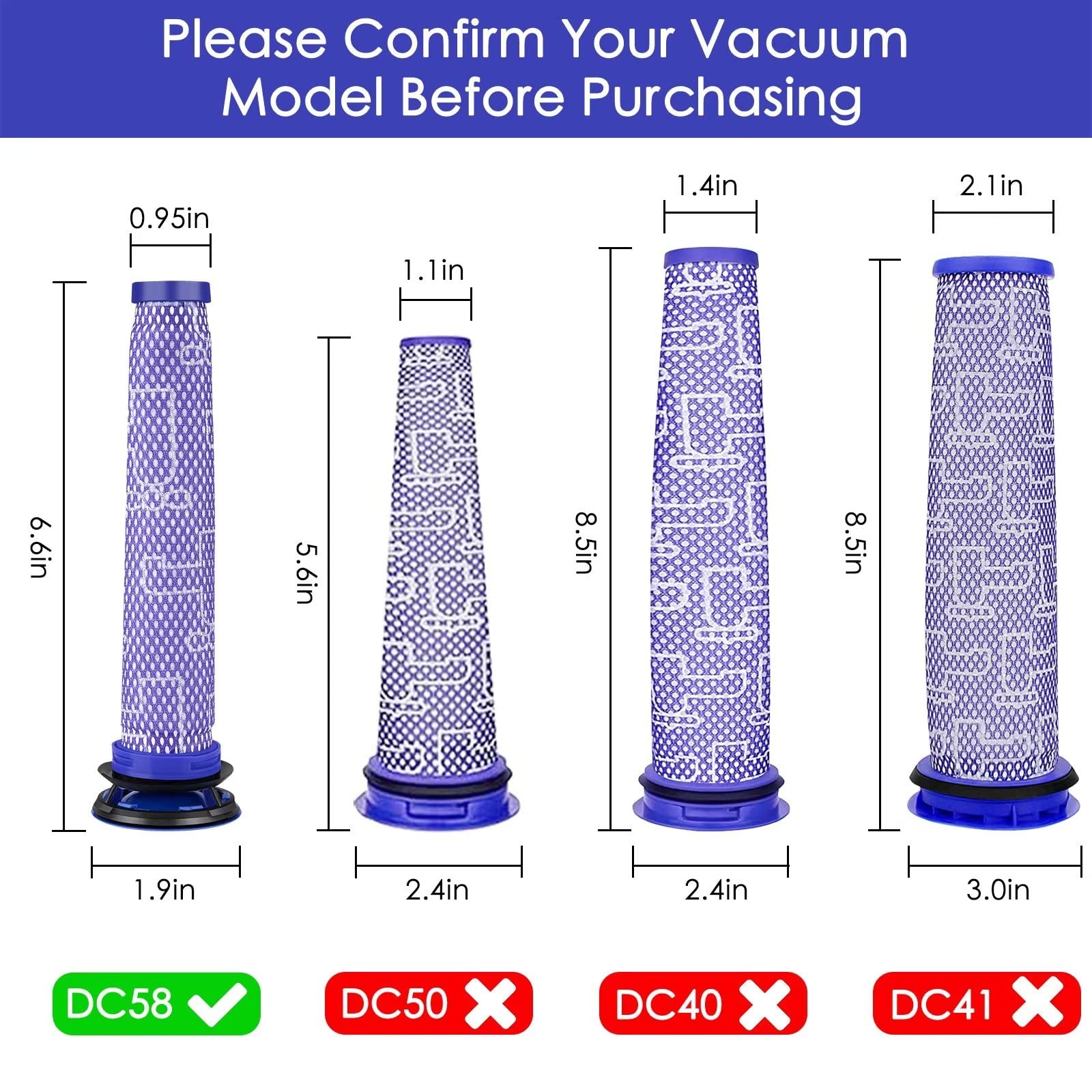 Mxzone Filter Replacements For Dysonn Filter V6 V7 V8 Dc58 Dc59 Animal Absolute Cordless Vacuum Cleaner Parts, 4 Washable Pre Fi