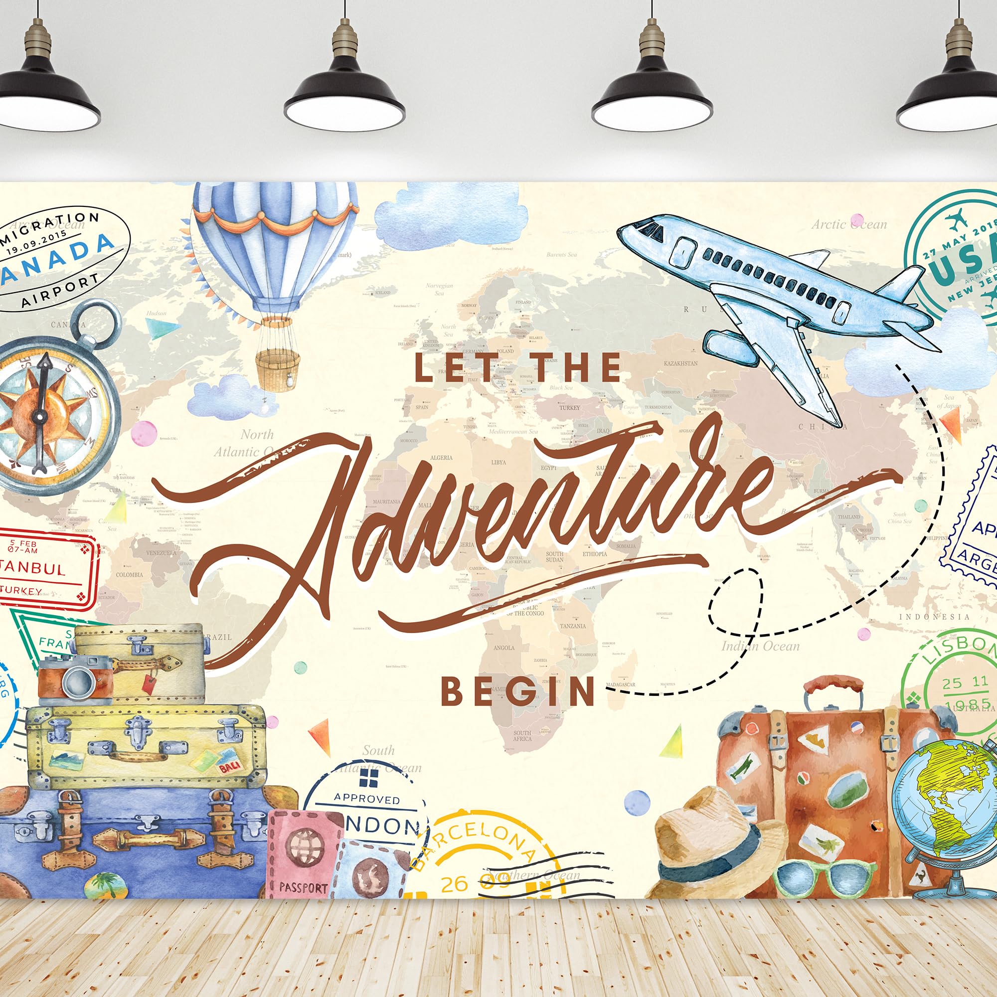 Riyidecor Let The Adventure Begin Backdrop World Map Adventure Awaits Airplane Baby Shower Decorations 7Wx5H Feet Travel Hot Air
