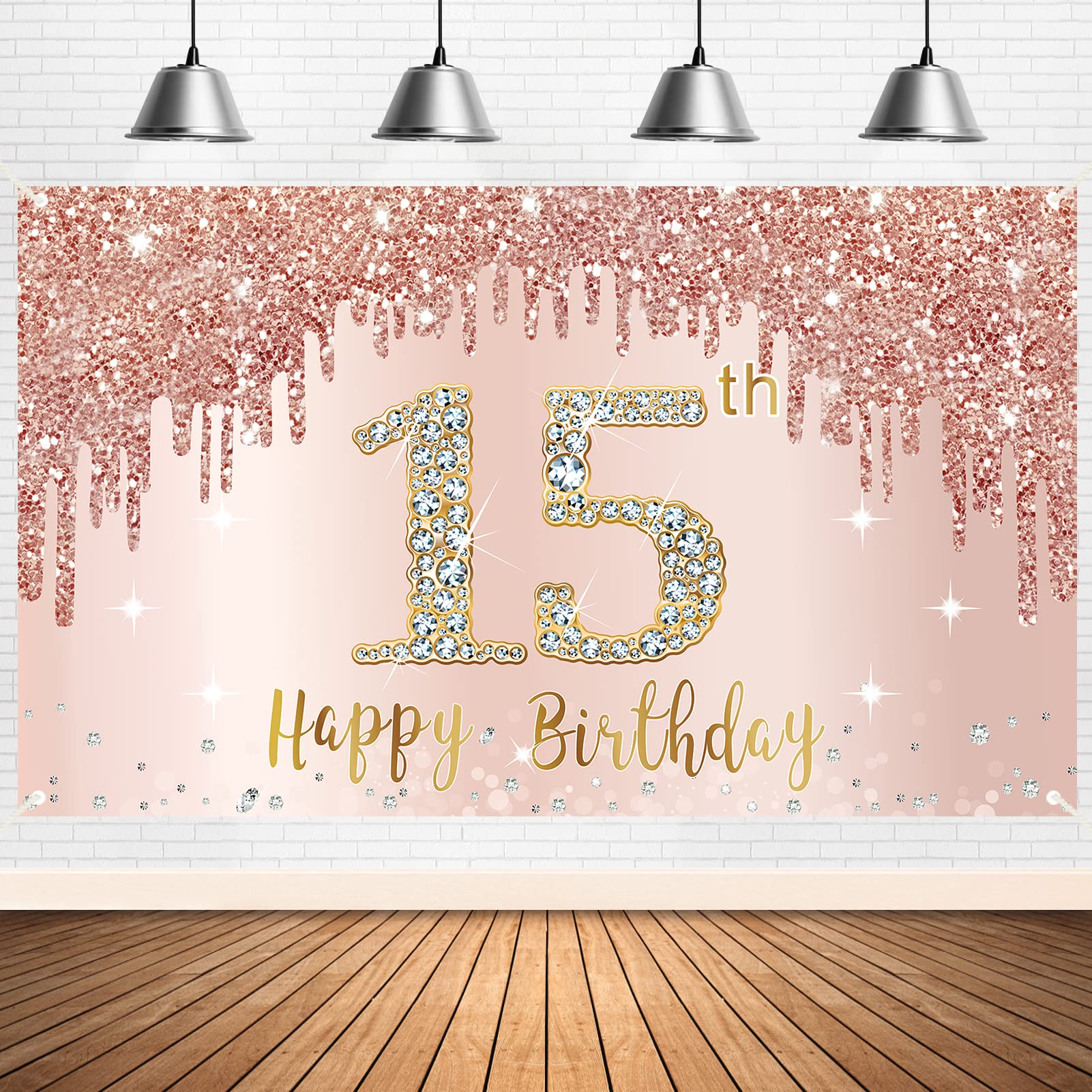 Happy 15Th Birthday Banner Backdrop Decorations For Girls, Rose Gold 15 Birthday Party Sign Supplies, Pink 15 Year Old Birthday