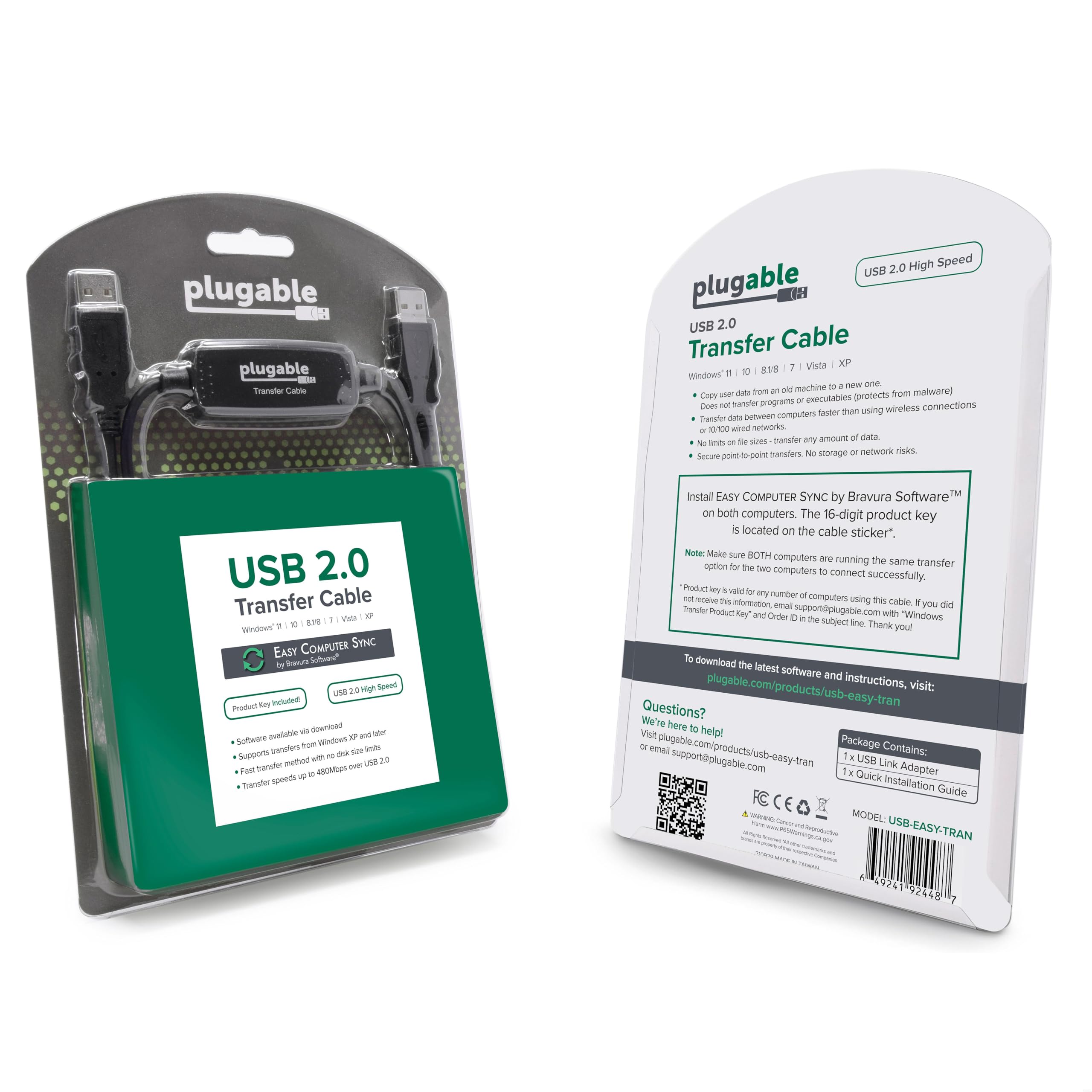 Plugable Usb Transfer Cable, Unlimited Use, Transfer Data Between 2 Windows Pcs, Compatible With Windows 11, 10, 7, Xp, Bravura