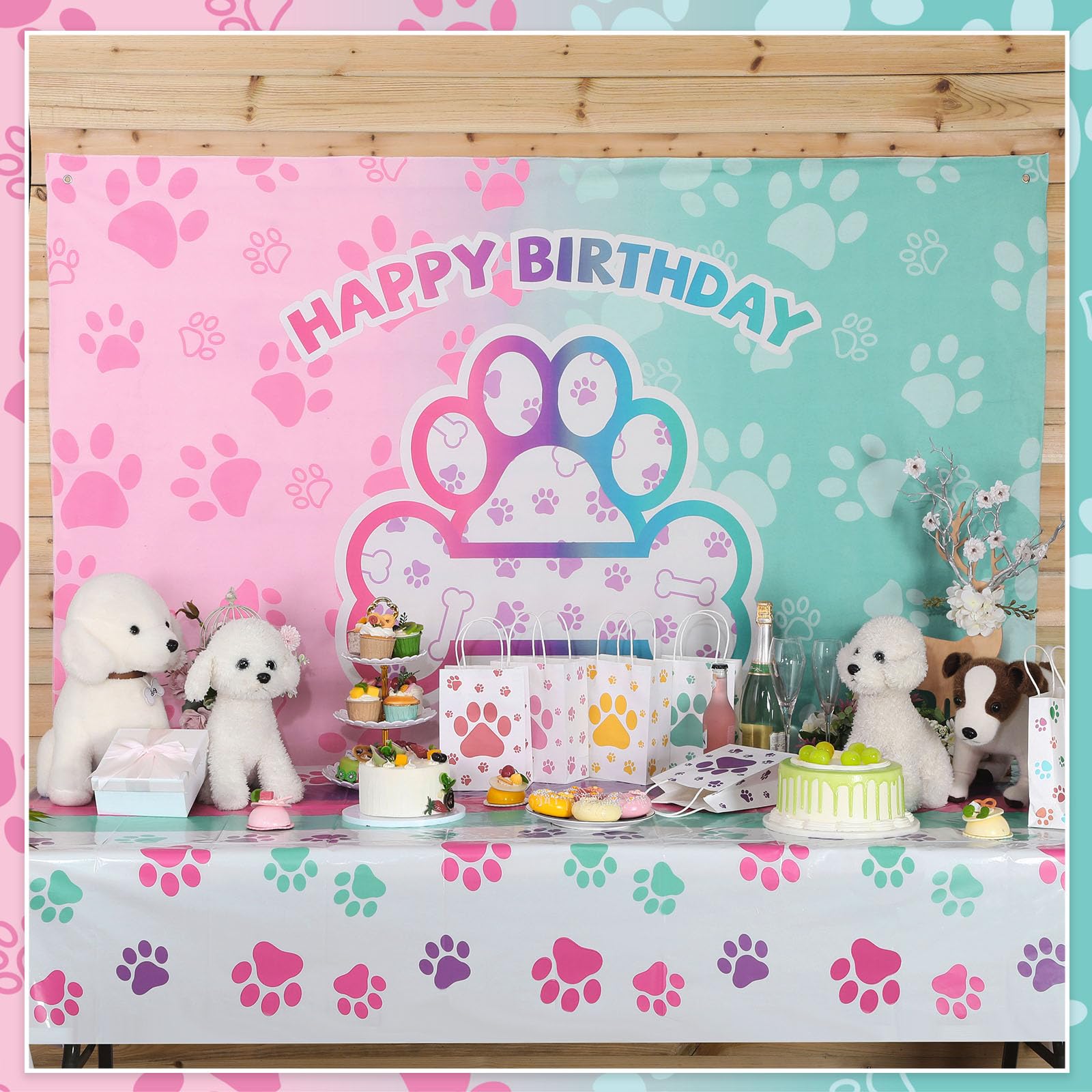 Newwiee 6 X 3.6 Ft Dog Paw Theme Birthday Backdrop Banner Birthday Fabric Photography Backdrop Party Decorations For Girls And B