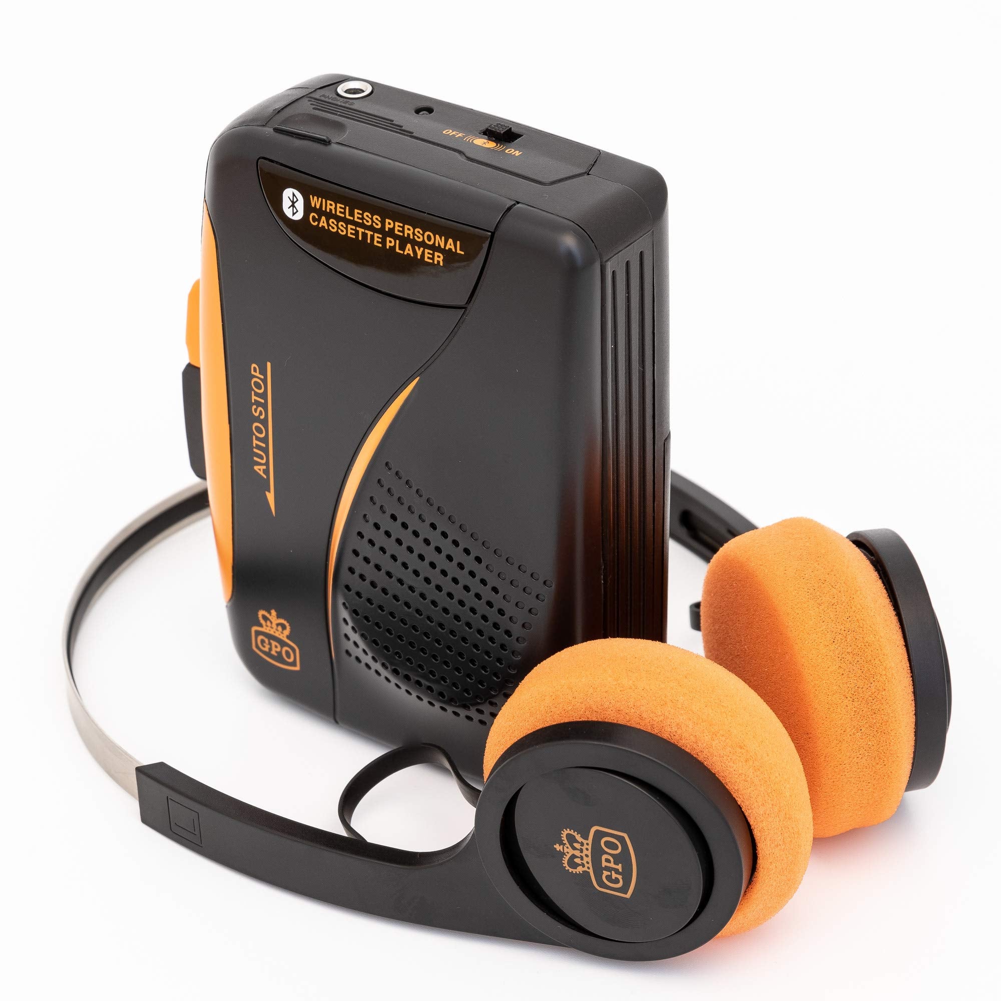 GPO W/938B/BT Personal Cassette Player Recorder Bluetooth WirelessWith Built-in Speaker Includes Bluetooth Headphones (Black/Ora