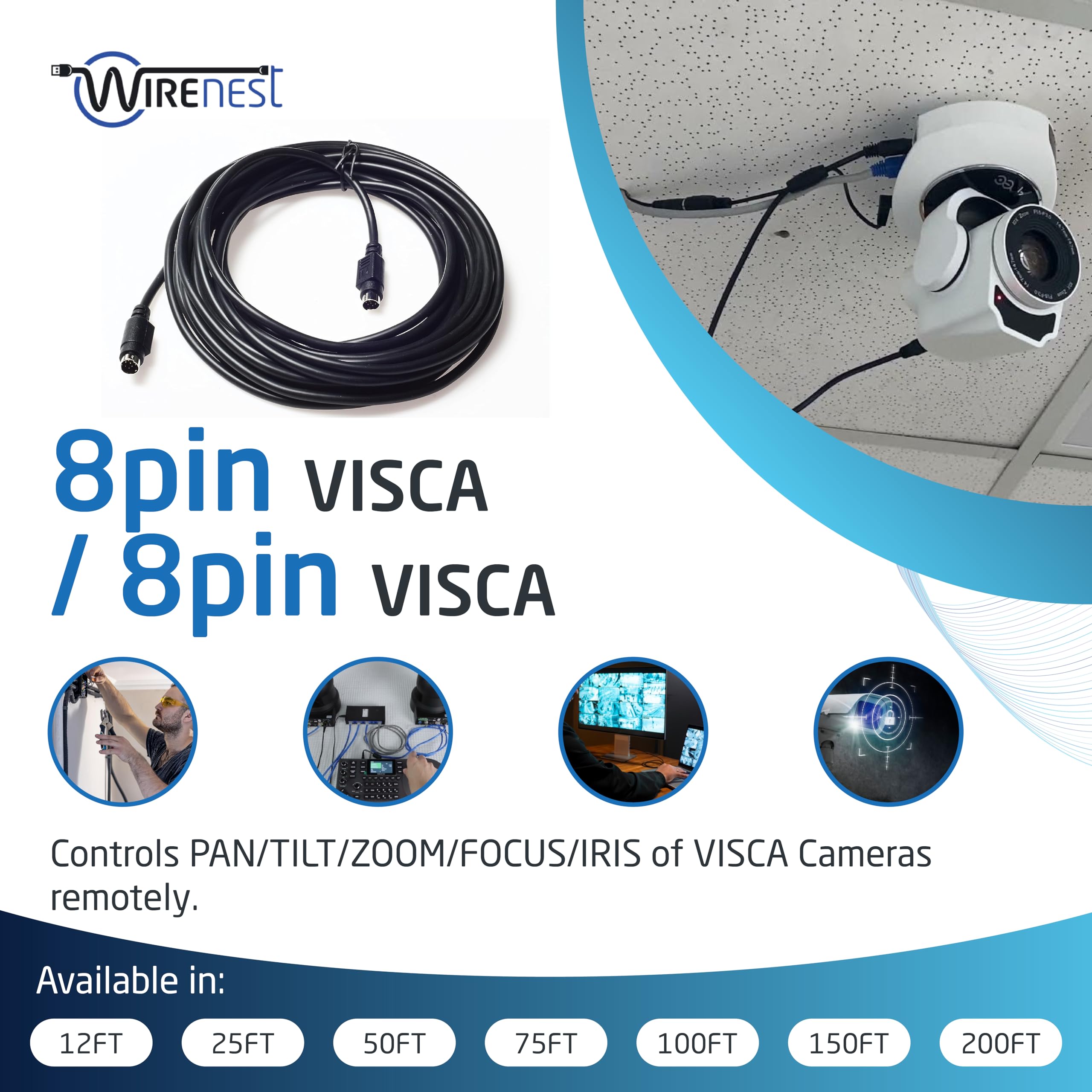 Wirenest 25Ft Visca Ptz Daisy Chain Camera Control Cable For Sony Evi/Brc/Srg Series Rs232 8 Pin Mini Din To 8 Pin Mini Din Seri