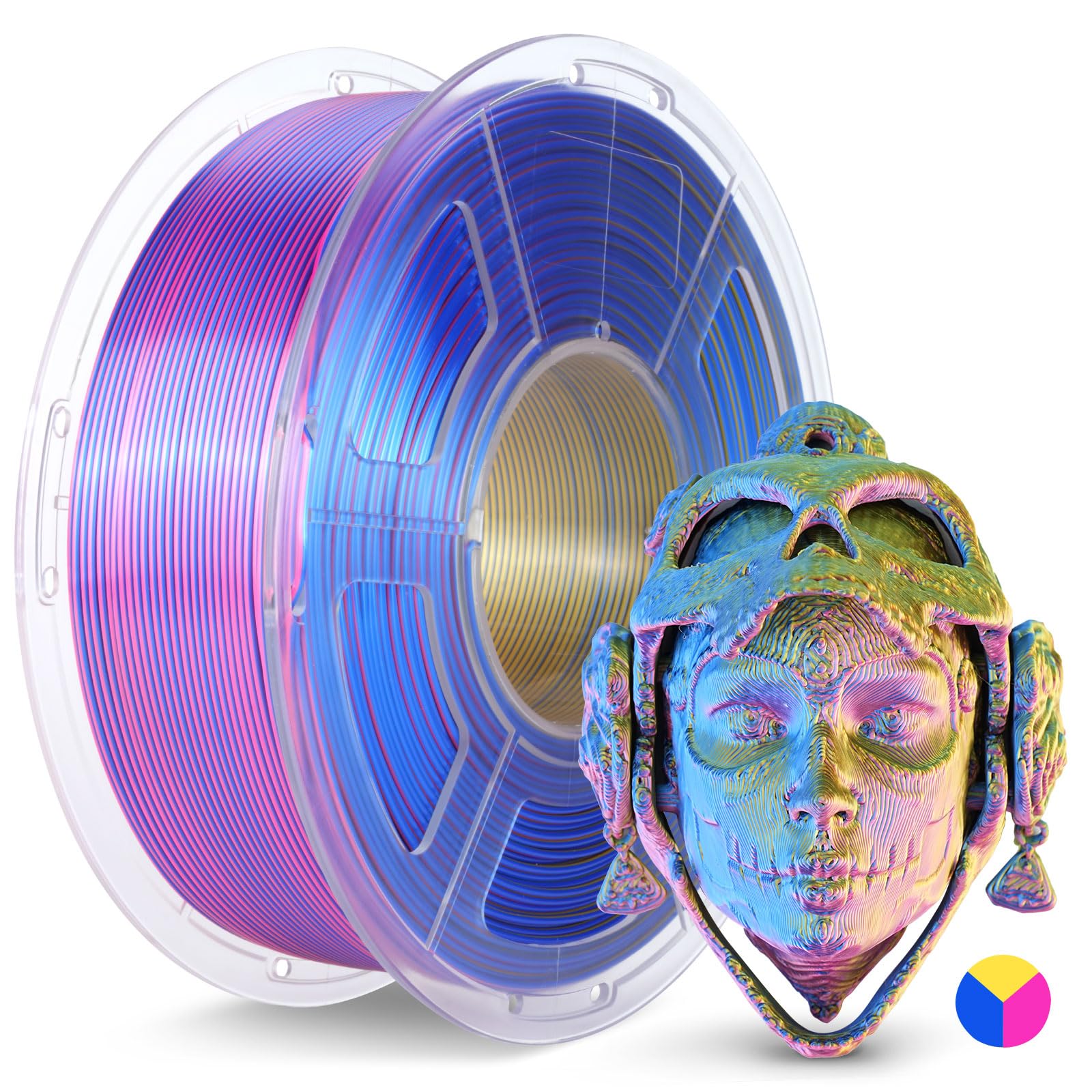 JAYO Silk Tri-Color PLA Filament 1.75mm Red-Yellow-Blue 1.1kg, Triple Gradient PLA, High Gloss Shine, Smooth Printing, Conceals 