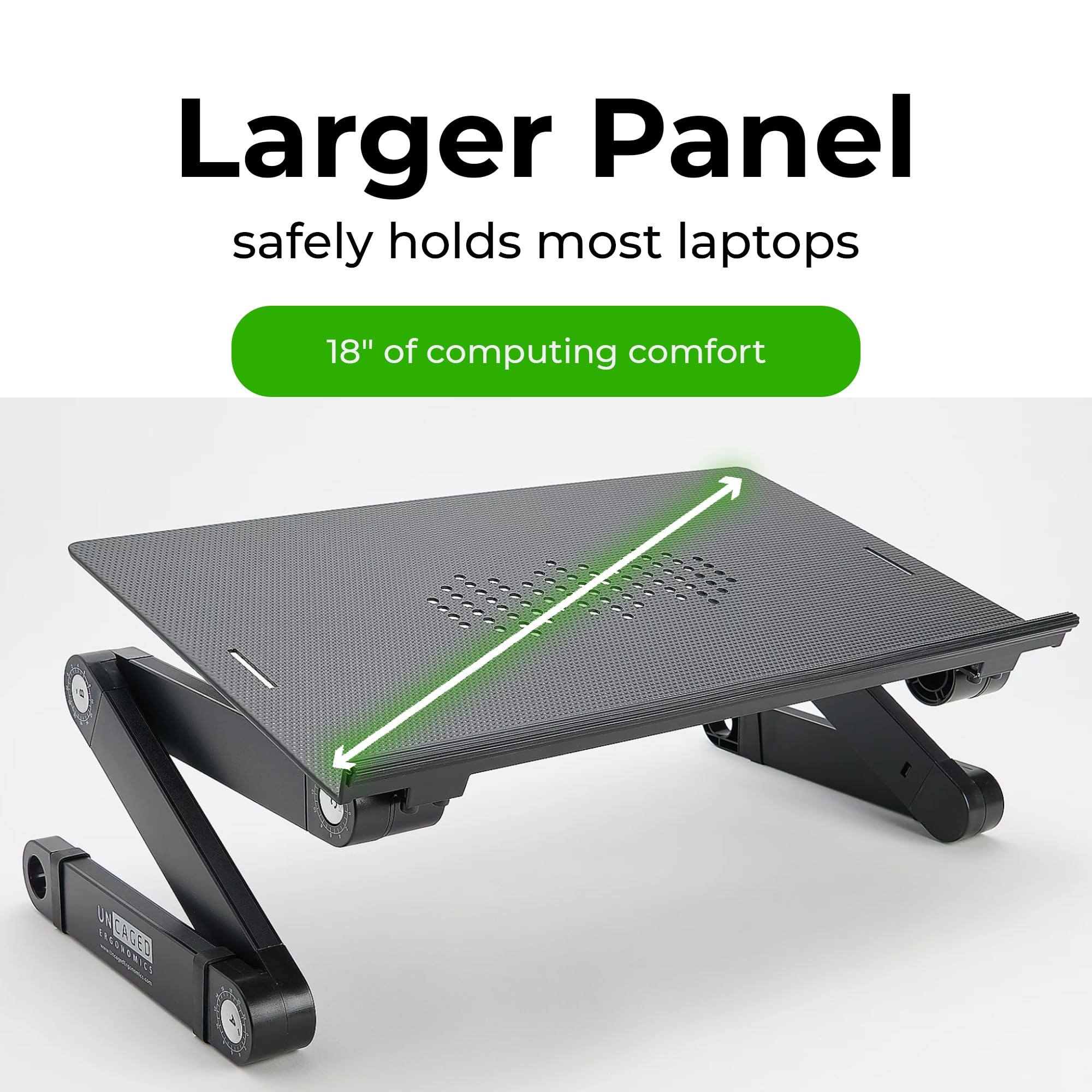 Workez Best Adjustable Laptop Cooling Stand & Lap Desk For Bed Couch W/ Mouse Pad. Ergonomic Height Angle Tilt Aluminum Desktop Portable Macbook Computer Riser Table Cooler Folding Holder Xl Black