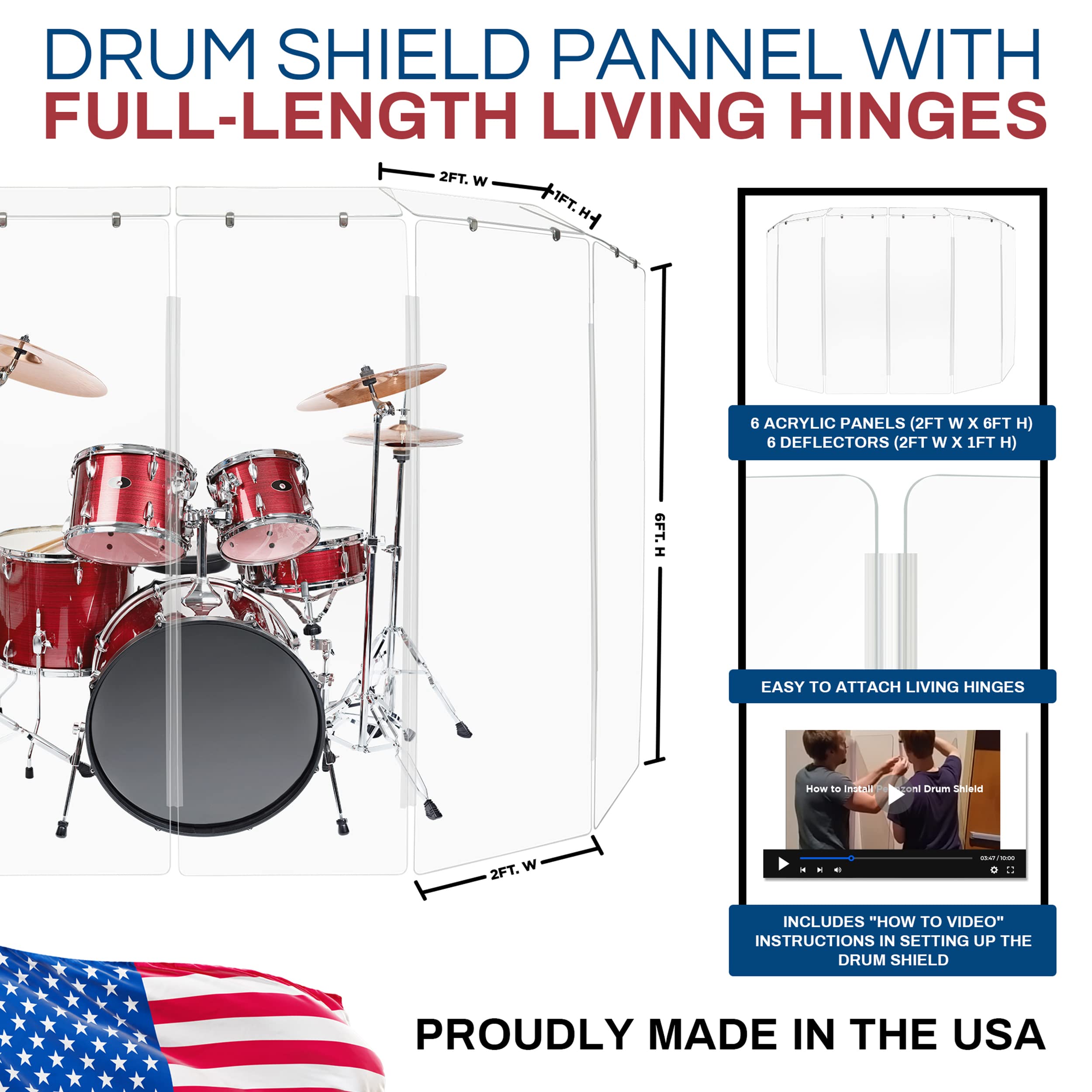 Pennzoni Drum Shield 6Ft W/Plastic Hinges & Deflectors, Comes W/ 6 Drum Panels, Plastic Hinges & Deflectors, Premium Clear Acryl