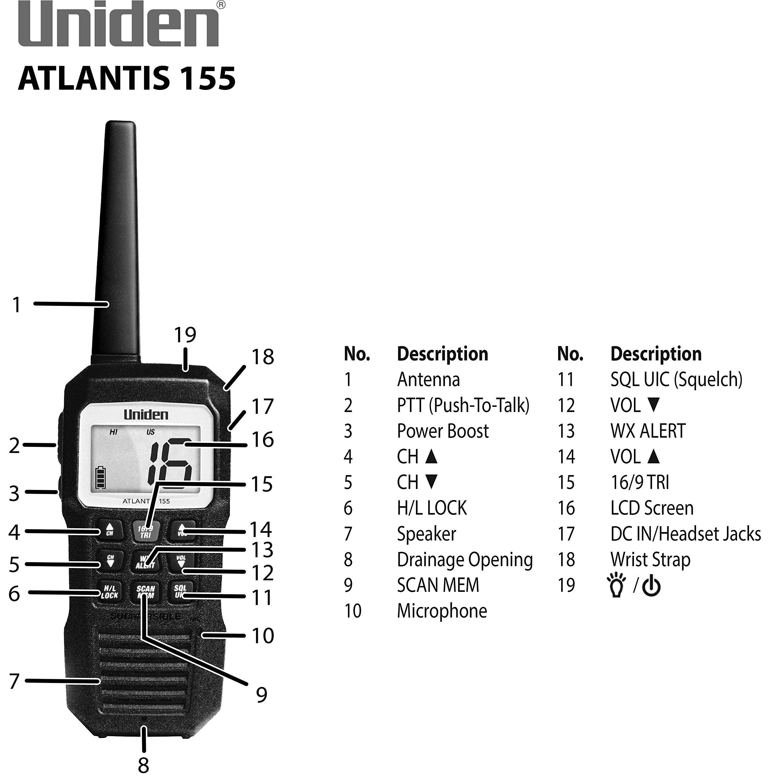Uniden Atlantis 155 Handheld Two-Way Vhf Marine Radio, Floating Ipx8 Submersible Waterproof, Dual-Color Screen, All Usa/Internat,WBEEAB07N8SCGVT