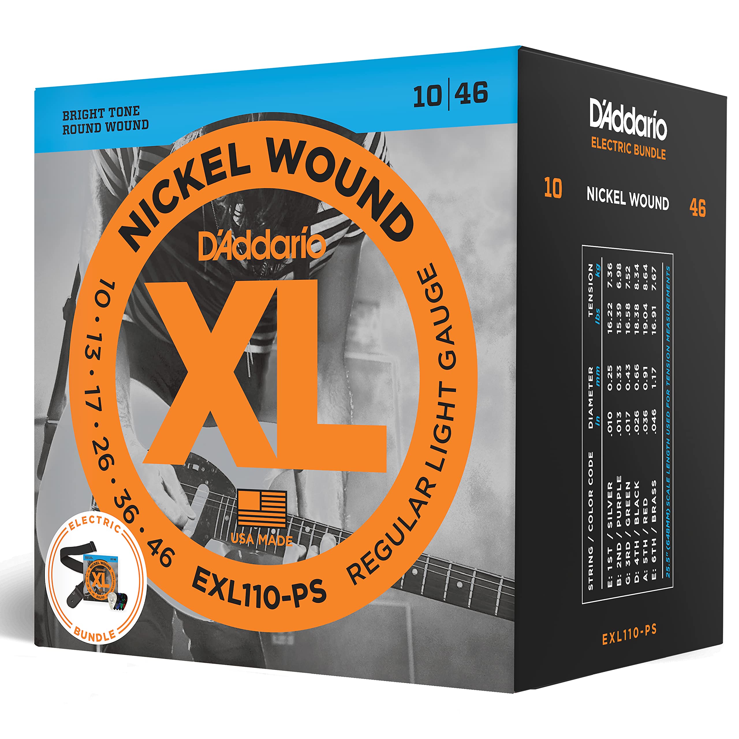 Daddario Electric Guitar Strings, Picks, Strap Beginner Kit - Exl110 Xl Nickel Wound Electric Strings, 10-46 Light - Poly Pro G