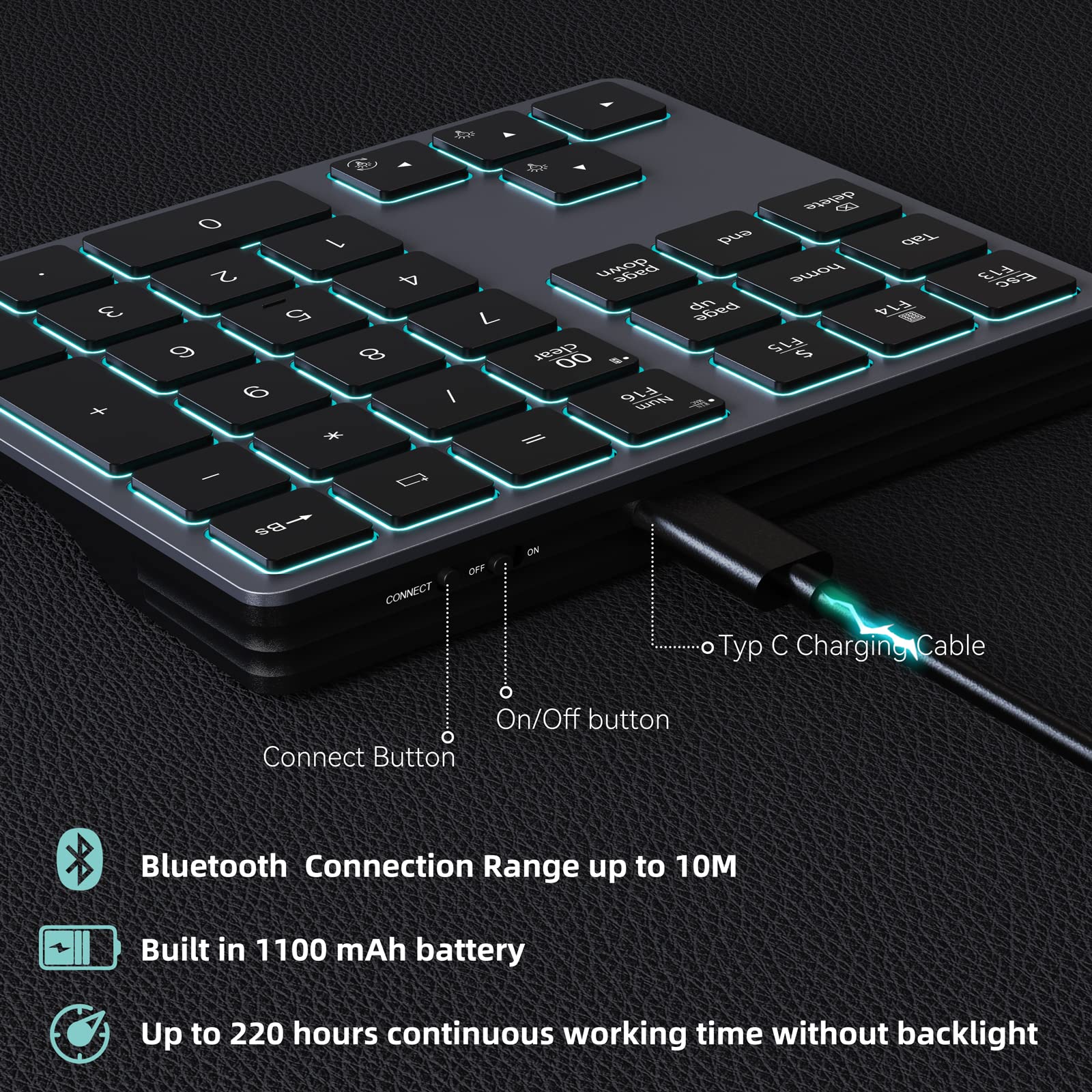 Doohoeek Backlit Bluetooth Numeric Keypad For Laptops And Computers, Number Pads 34 Keys With 7 Color Backlight For Macbook & Wi