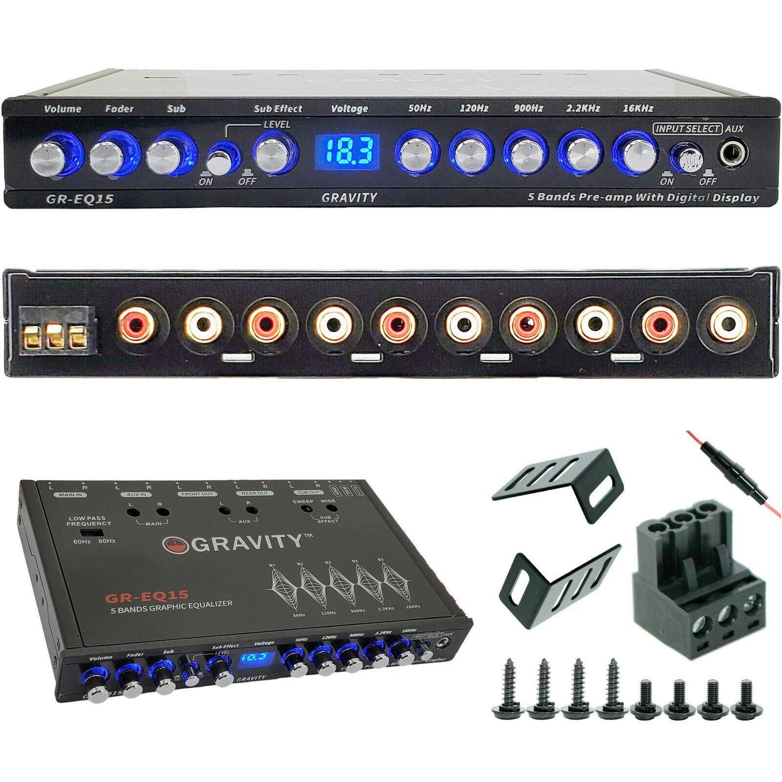 Gravity Eq15 1/2 Din Five Equalization Bands Car Audio Equalizer Eq Front, Rear +Master Volume Control With Up To 9 Volts Rms Of Output/Three Stereo Rca Output