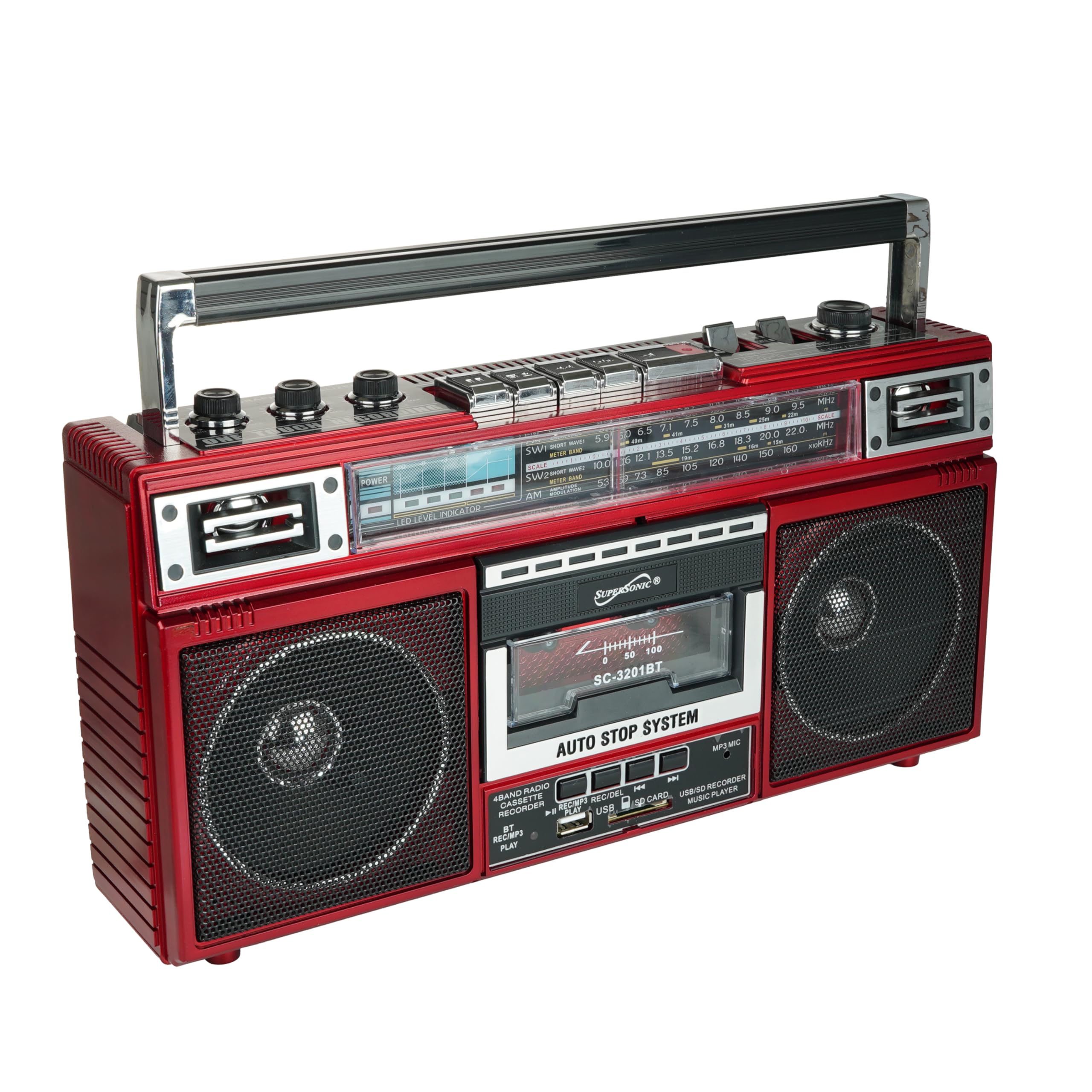 Supersonic Sc-3201Bt 4 Band Radio & Cassette Player Boombox, Bluetooth Speaker, Am/Fm/Sw Radio With Mp3 Playback, Usb & Sd Card,